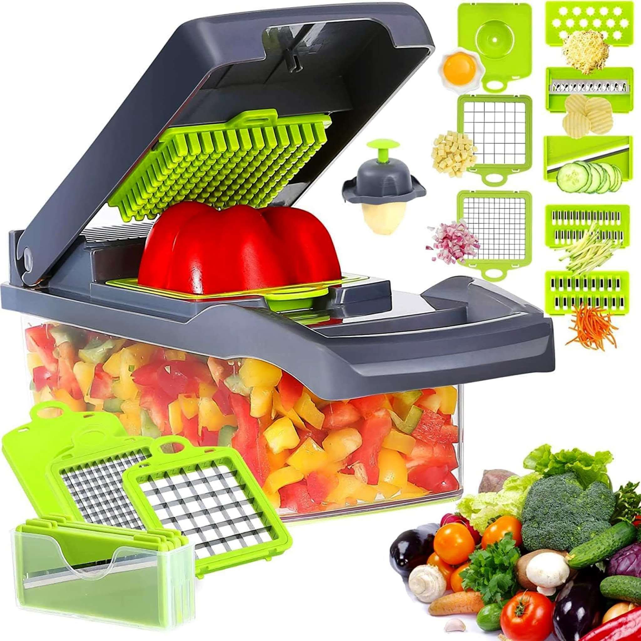 All-in-One Kitchen Slicer with multiple blades for slicing, dicing, and spiralizing vegetables and fruits