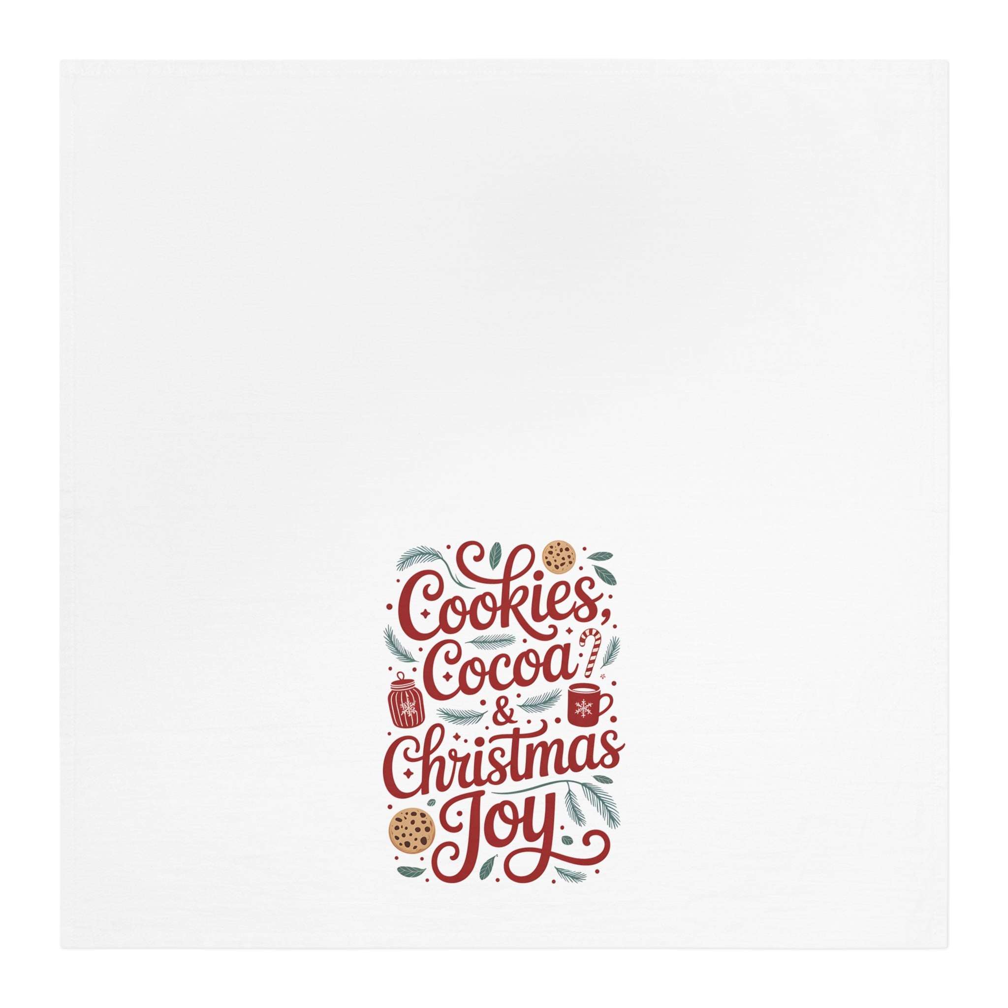 Christmas Tea Towel with festive cookies, cocoa, and Christmas joy design on white cotton fabric