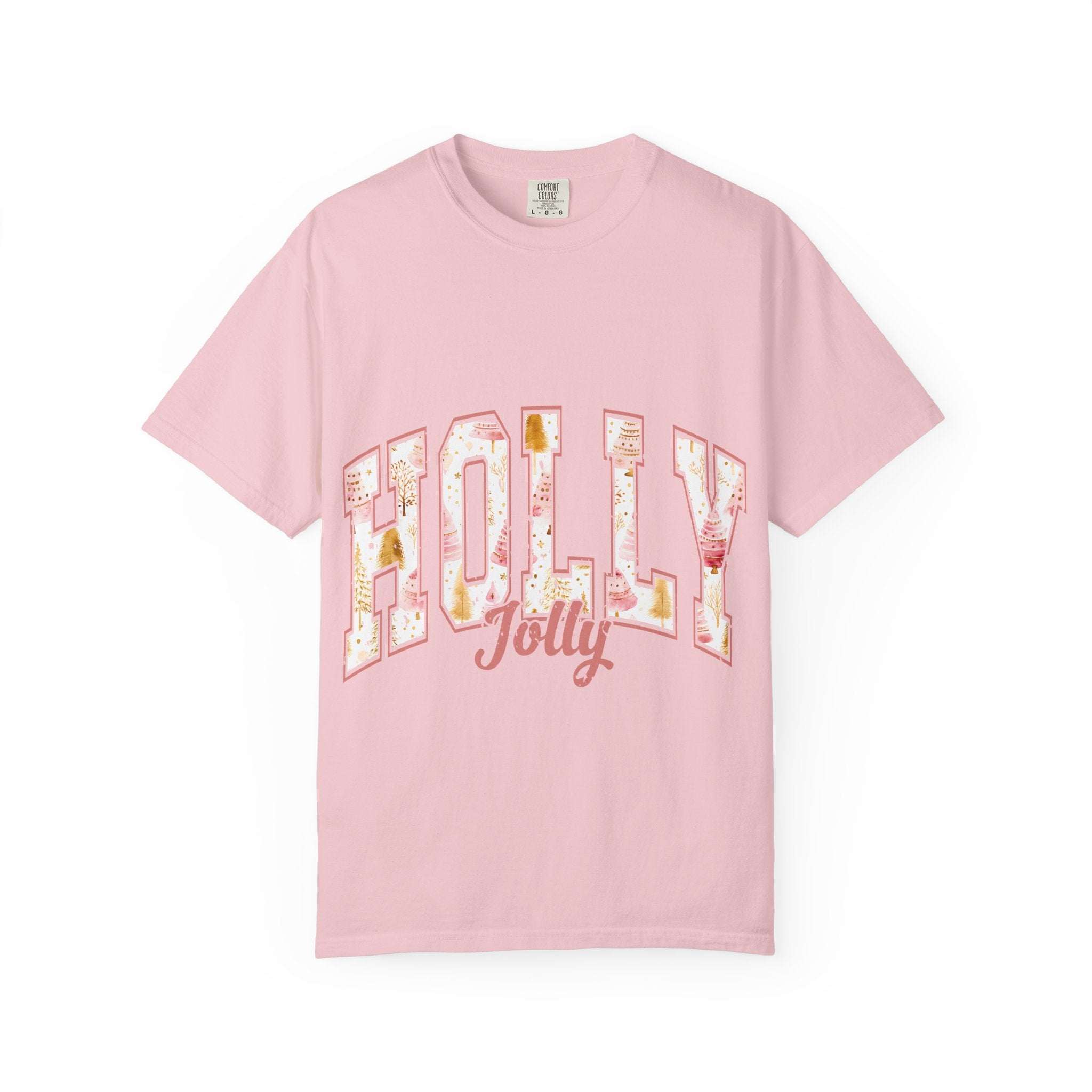 Pink Varsity Holly Jolly T-shirt with festive holiday design, relaxed fit, and garment-dyed cotton fabric