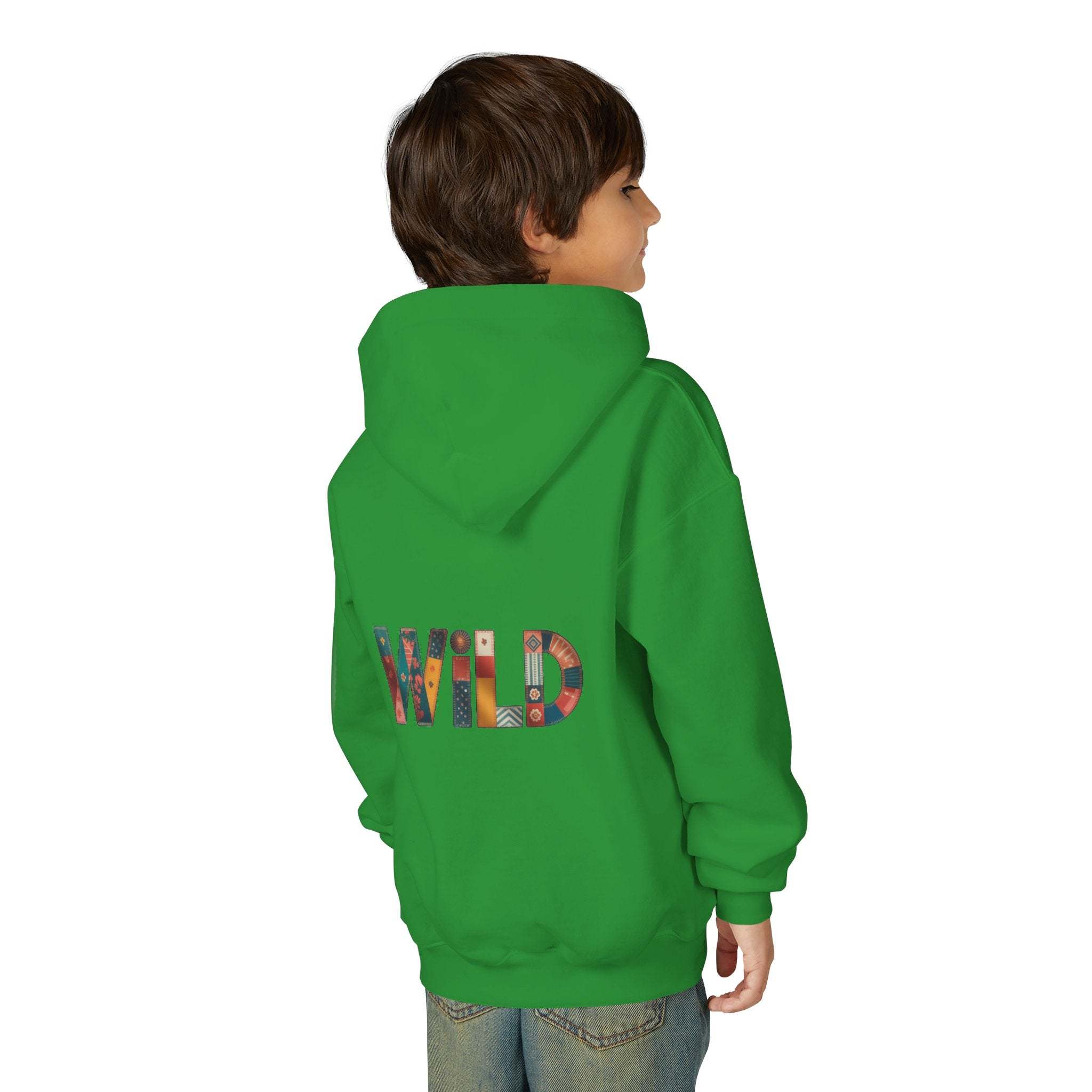 Child wearing green Patchwork Wild Word Hoodie with colorful "WILD" text on back and kangaroo pocket