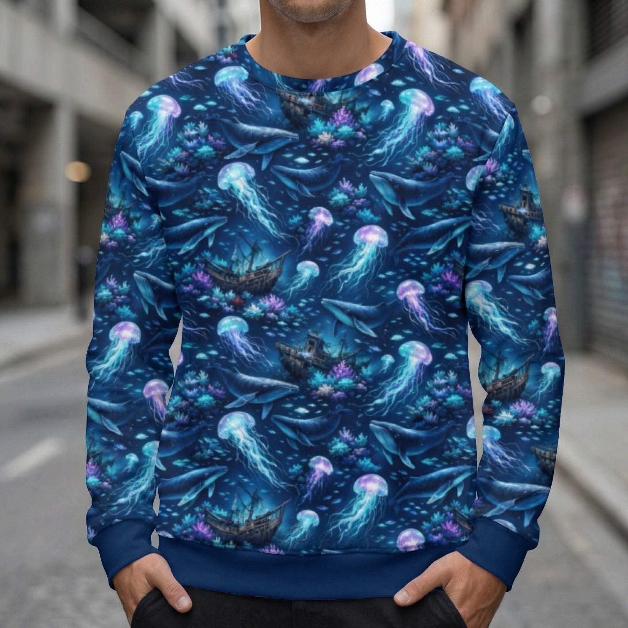 Ocean Jellyfish Whale Sweatshirt with all-over marine life print featuring whales, jellyfish, and sea turtles in blue tones.
