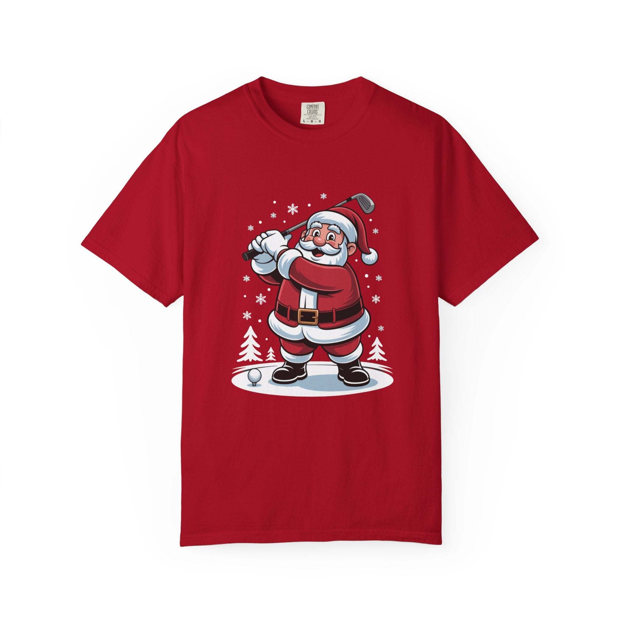True Navy unisex t-shirt featuring Santa golfing design by Printify, perfect for Christmas festivities.