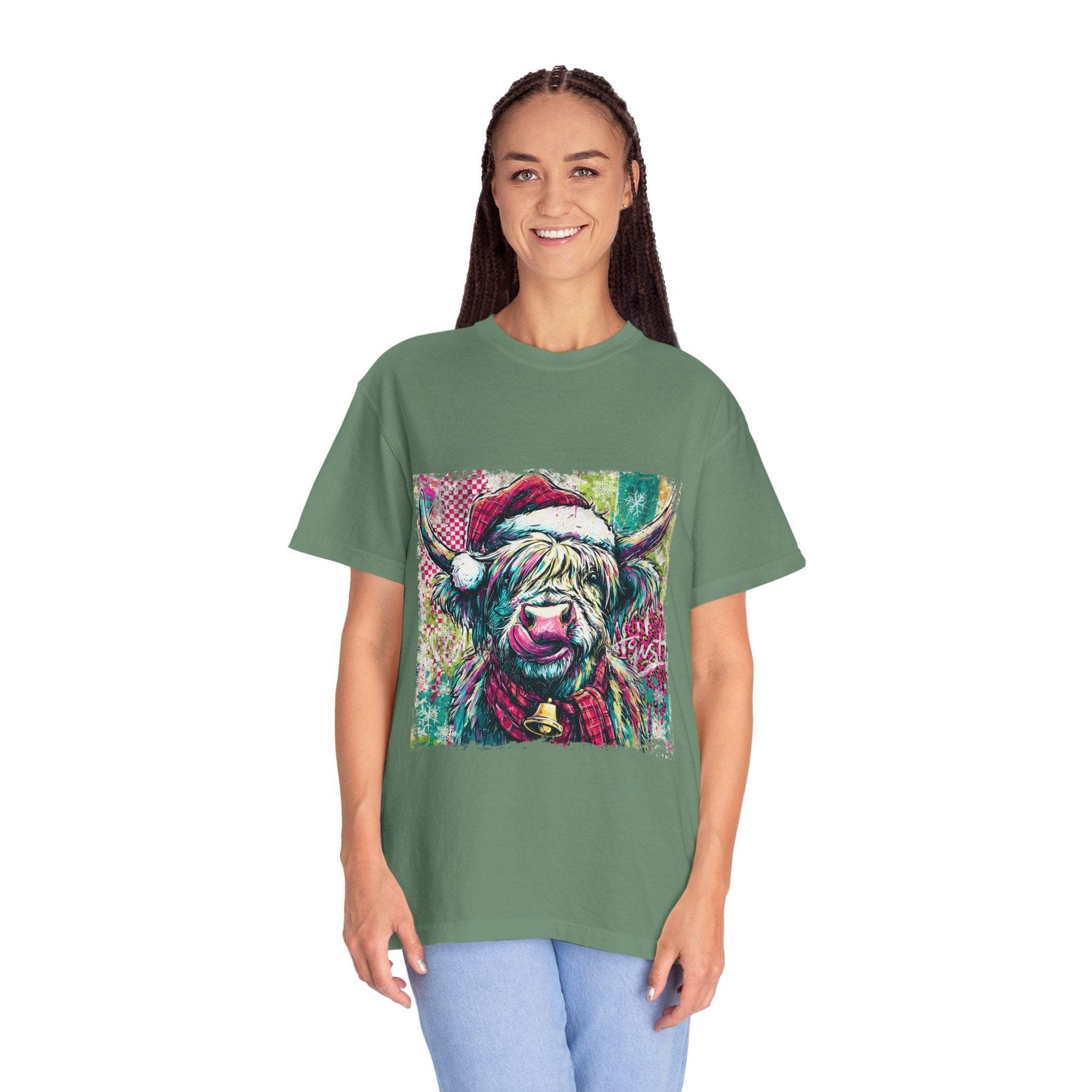 Retro Santa Highland Cow graphic on green cotton T-shirt
