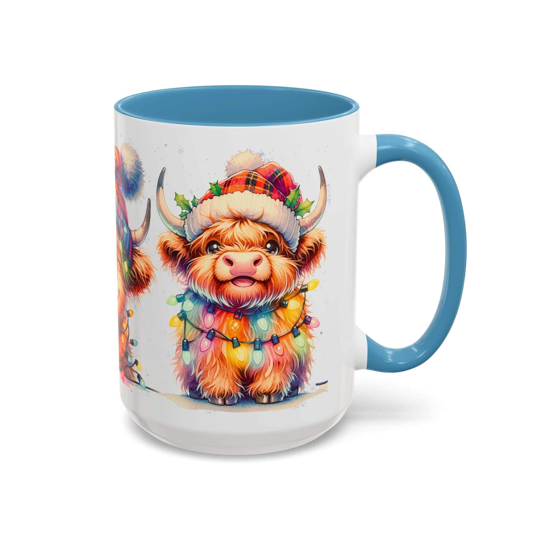 Scottish Highland Cow Christmas coffee mug with festive hat and colorful string lights, white ceramic with blue handle and interior.