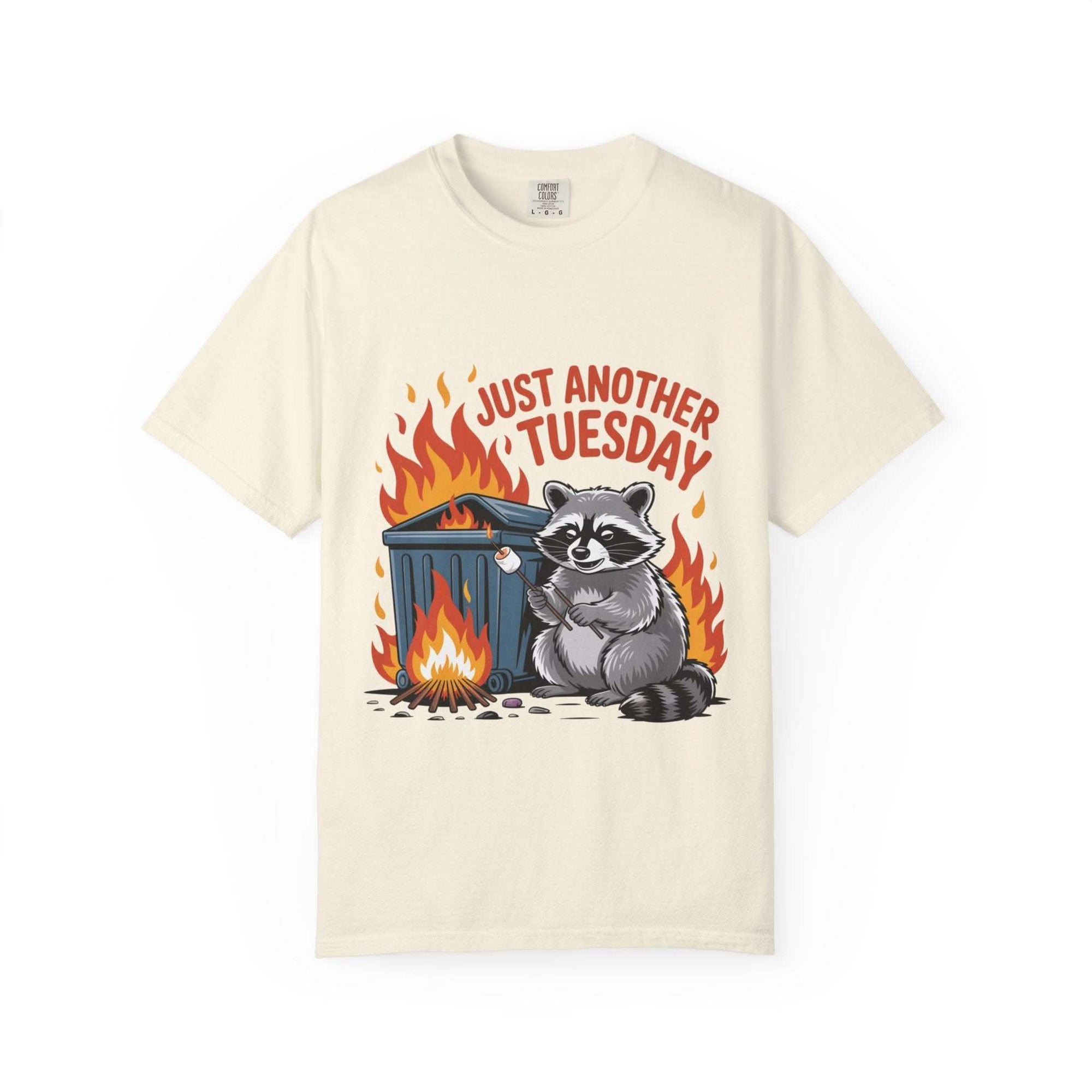 True Navy t-shirt featuring a raccoon dumpster fire graphic, casual style from Printify