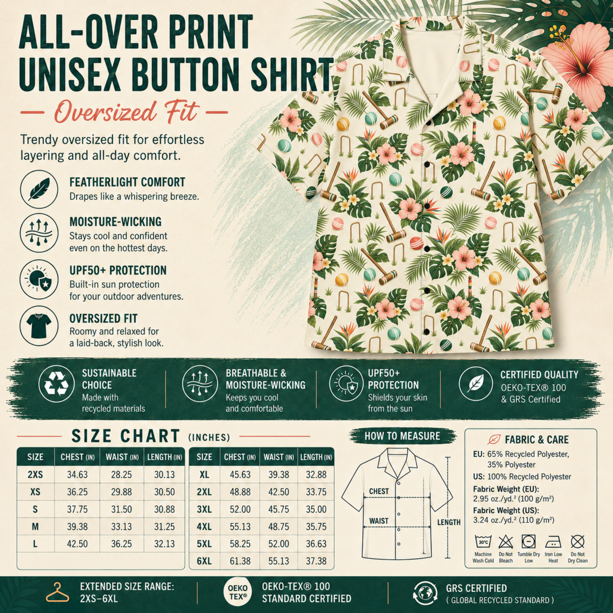 Tropical Croquet Hawaiian Shirt – Cream Hibiscus Camp Collar Button Down