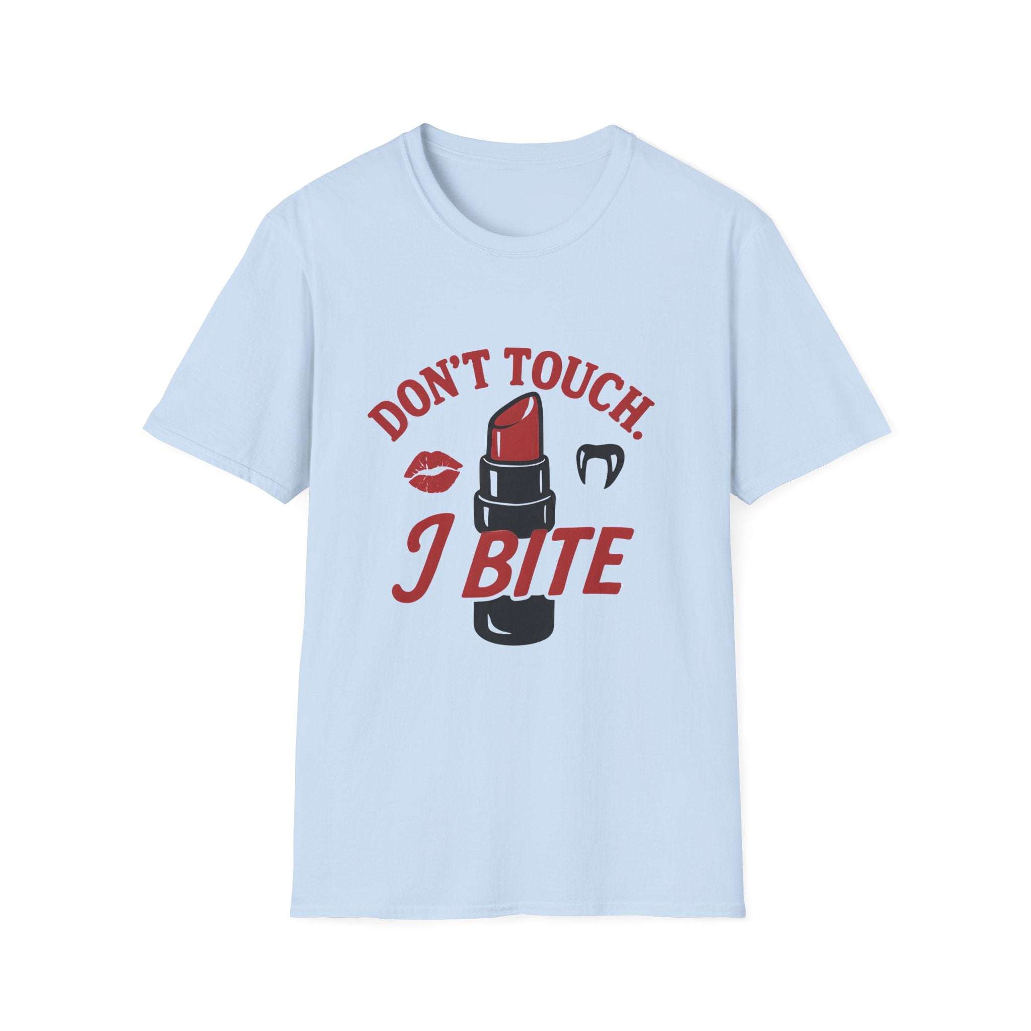 Light blue unisex t-shirt with 'Don’t Touch I Bite' text in bold, edgy bratcore style from Printify