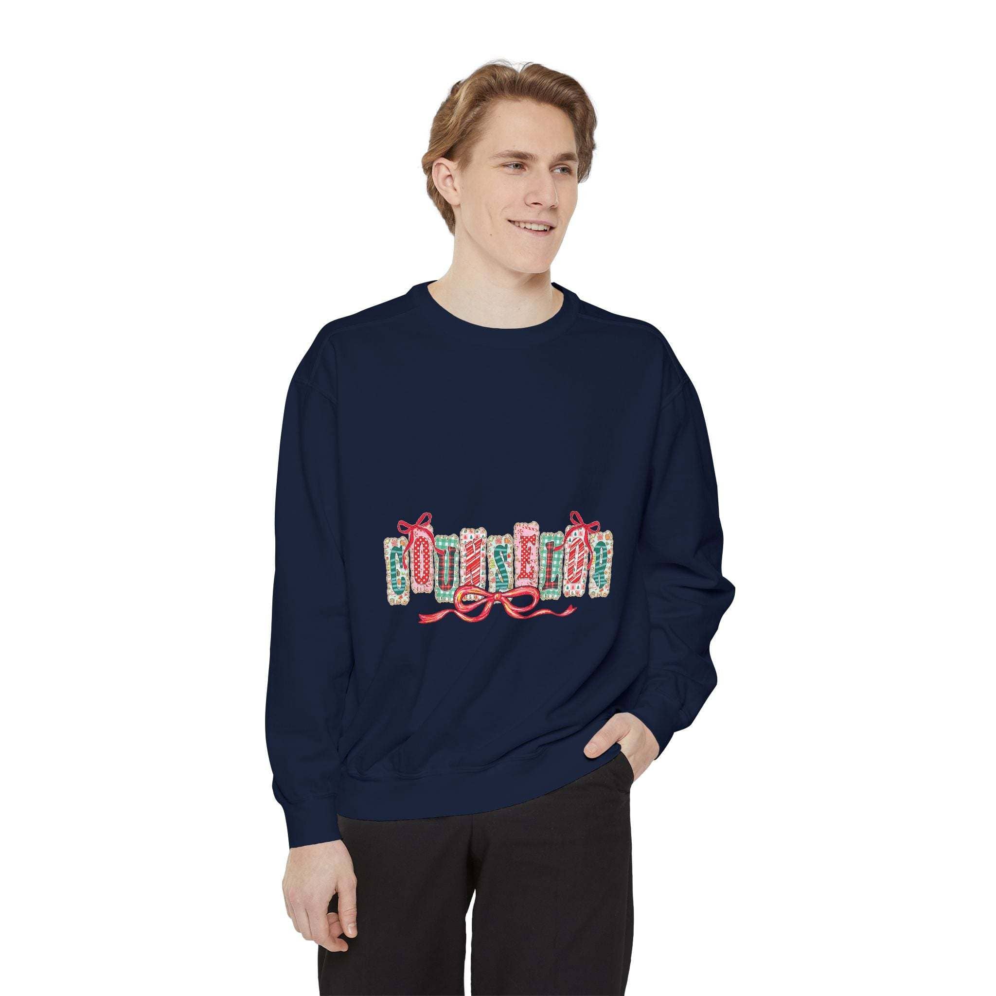 Garment-dyed True Navy sweatshirt with festive Christmas design, perfect for holiday gifting, by Printify