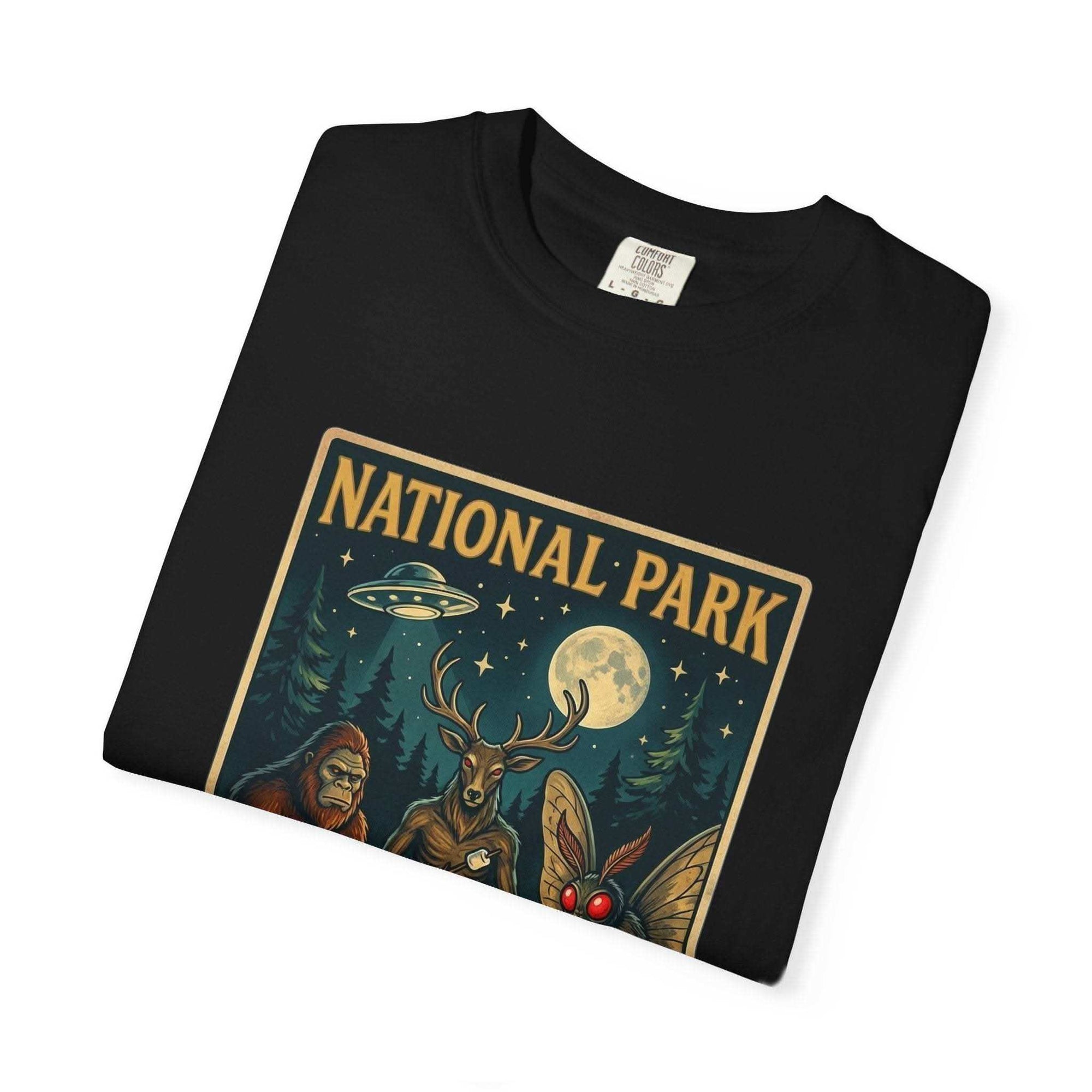 National Park After Dark T-Shirt | Campfire Sasquatch Mothman Night Creatures