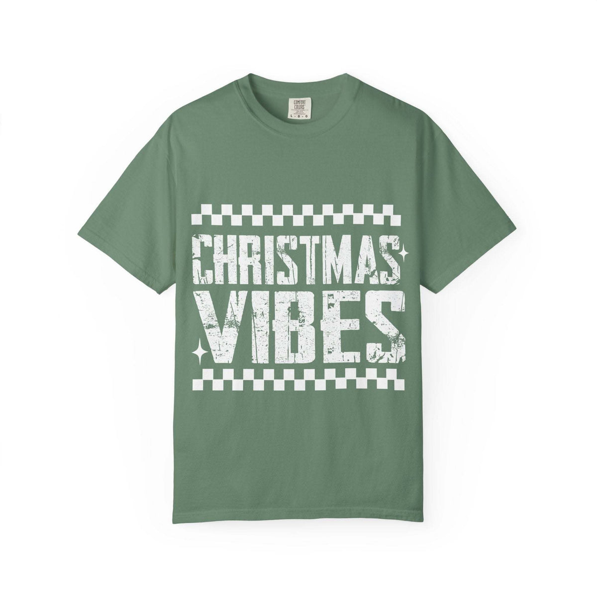 Distressed Christmas Vibes garment-dyed T-shirt with vintage holiday graphics and soft faded colors