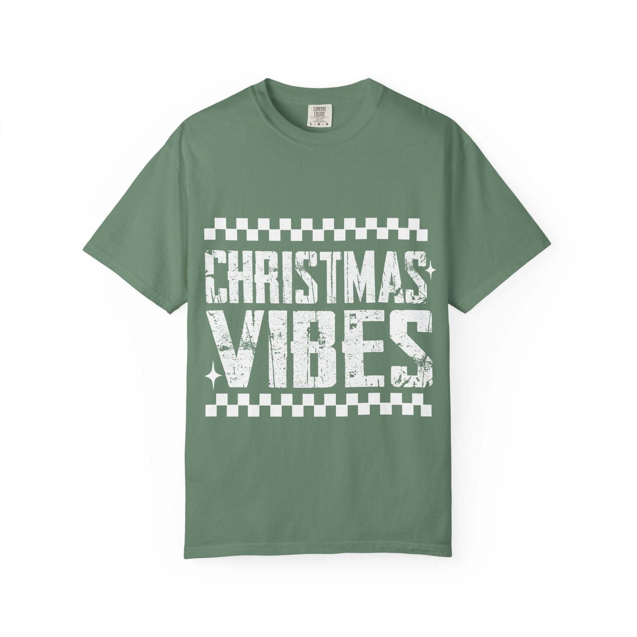 Distressed Christmas Vibes garment-dyed T-shirt with vintage holiday graphics and soft faded colors