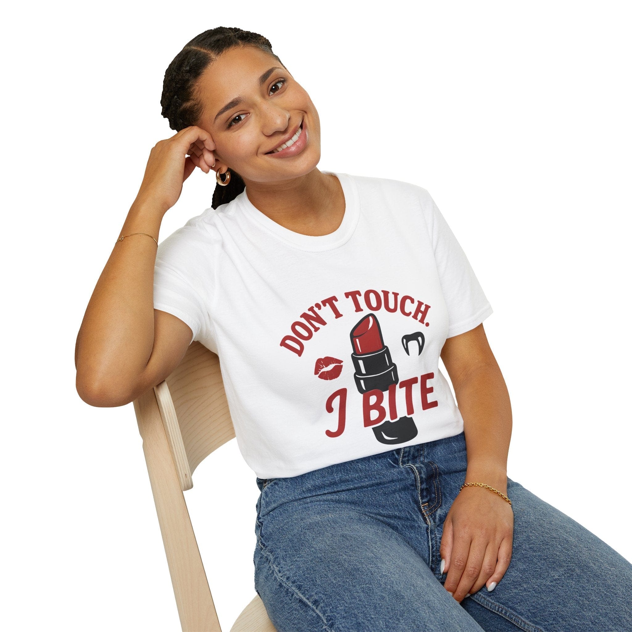 Unisex T-Shirt with bold "Don’t Touch I Bite Bratcore" design featuring lipstick graphic, comfortable fit and durable fabric