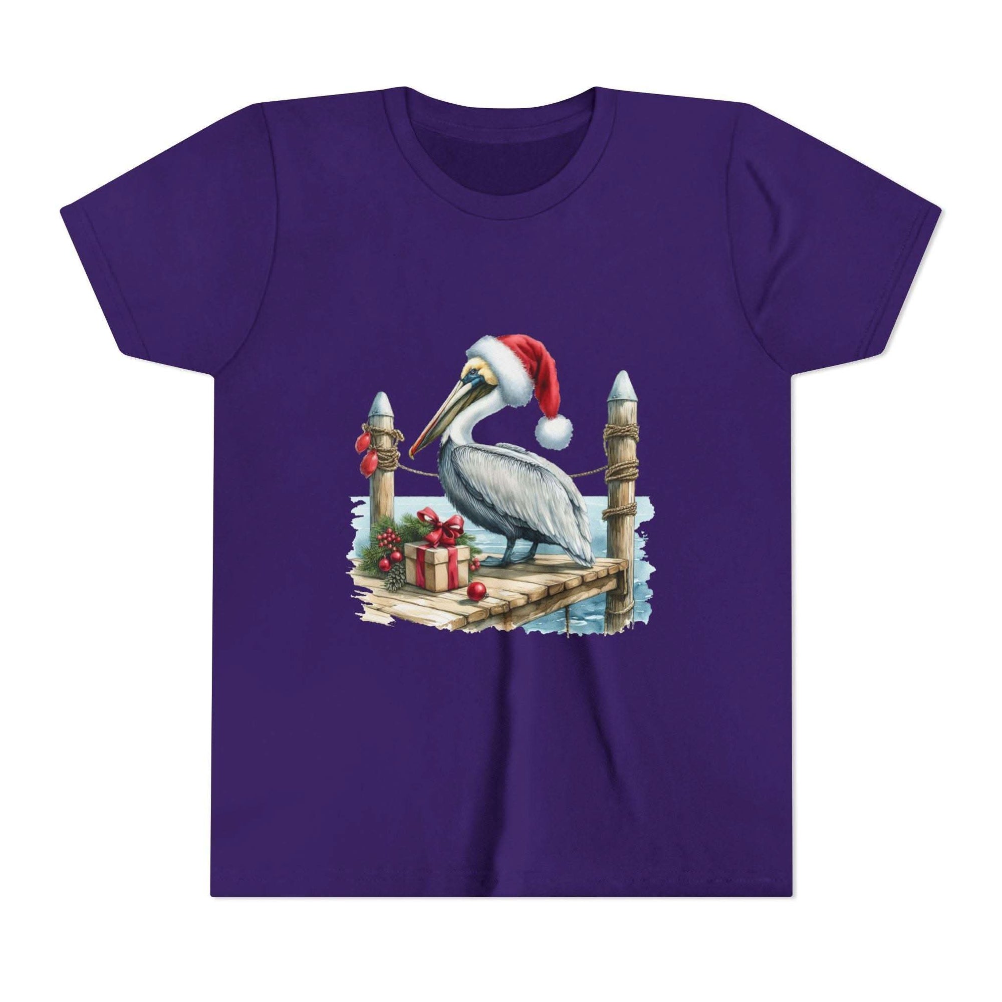 Purple t-shirt with a Christmas pelican design on a white background