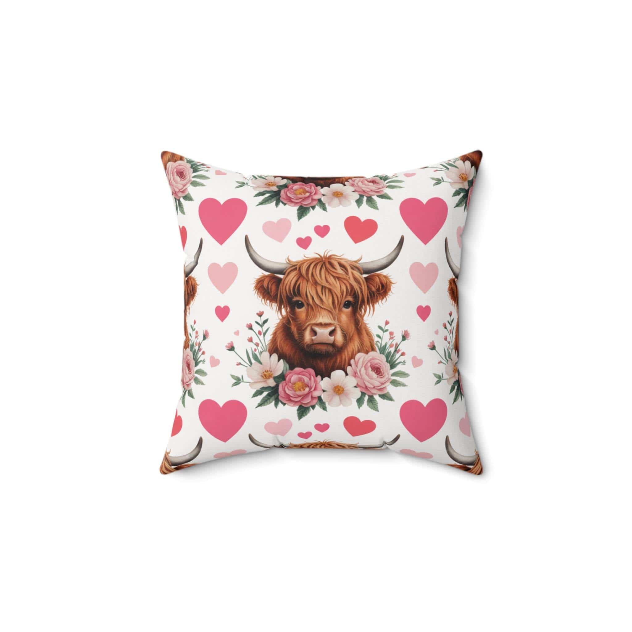 Floral Valentine Highland cow pillow with muted beige tones and delicate blossoms on cozy fabric