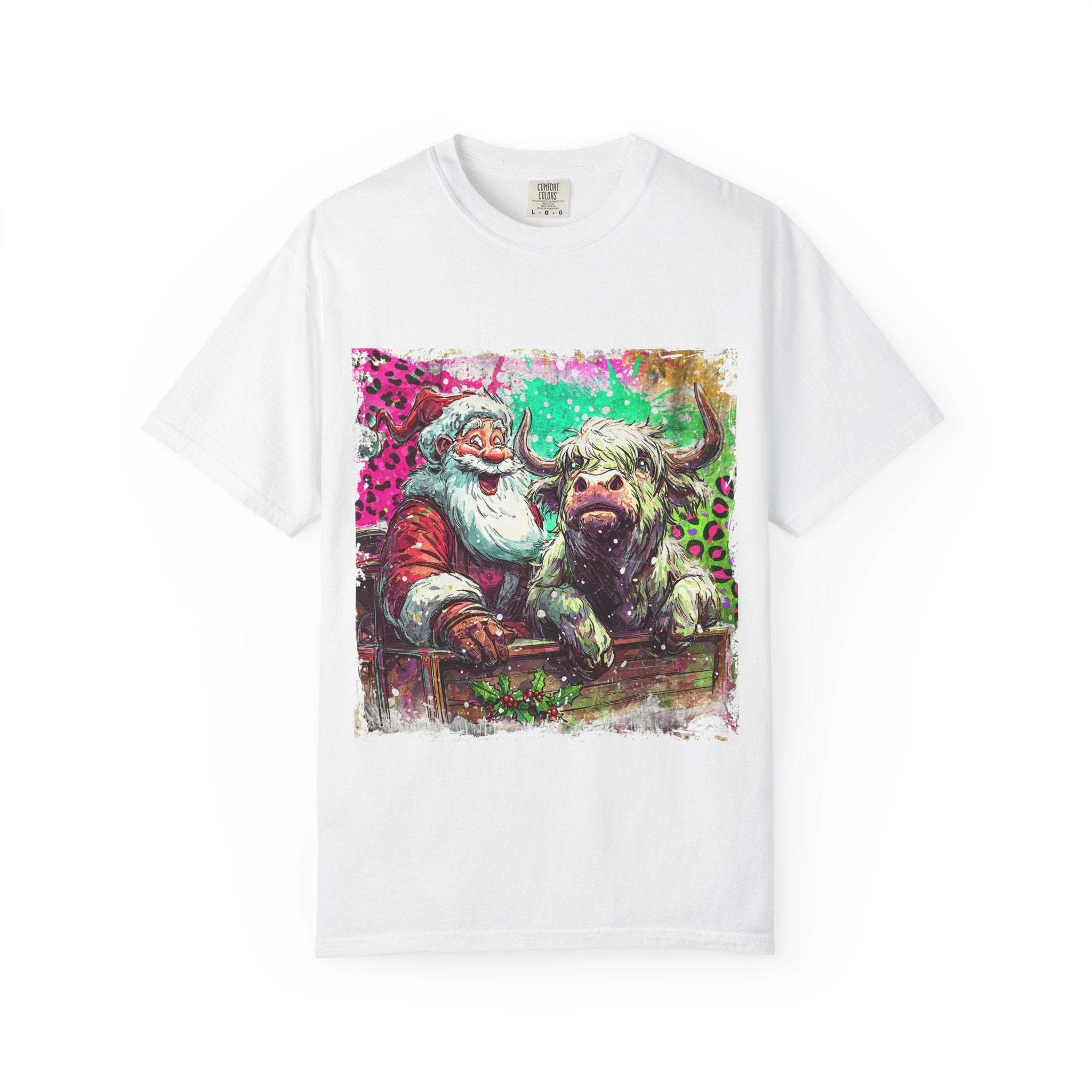 Black t-shirt featuring Retro Santa and Highland Cow design, perfect for festive holiday wear by Printify