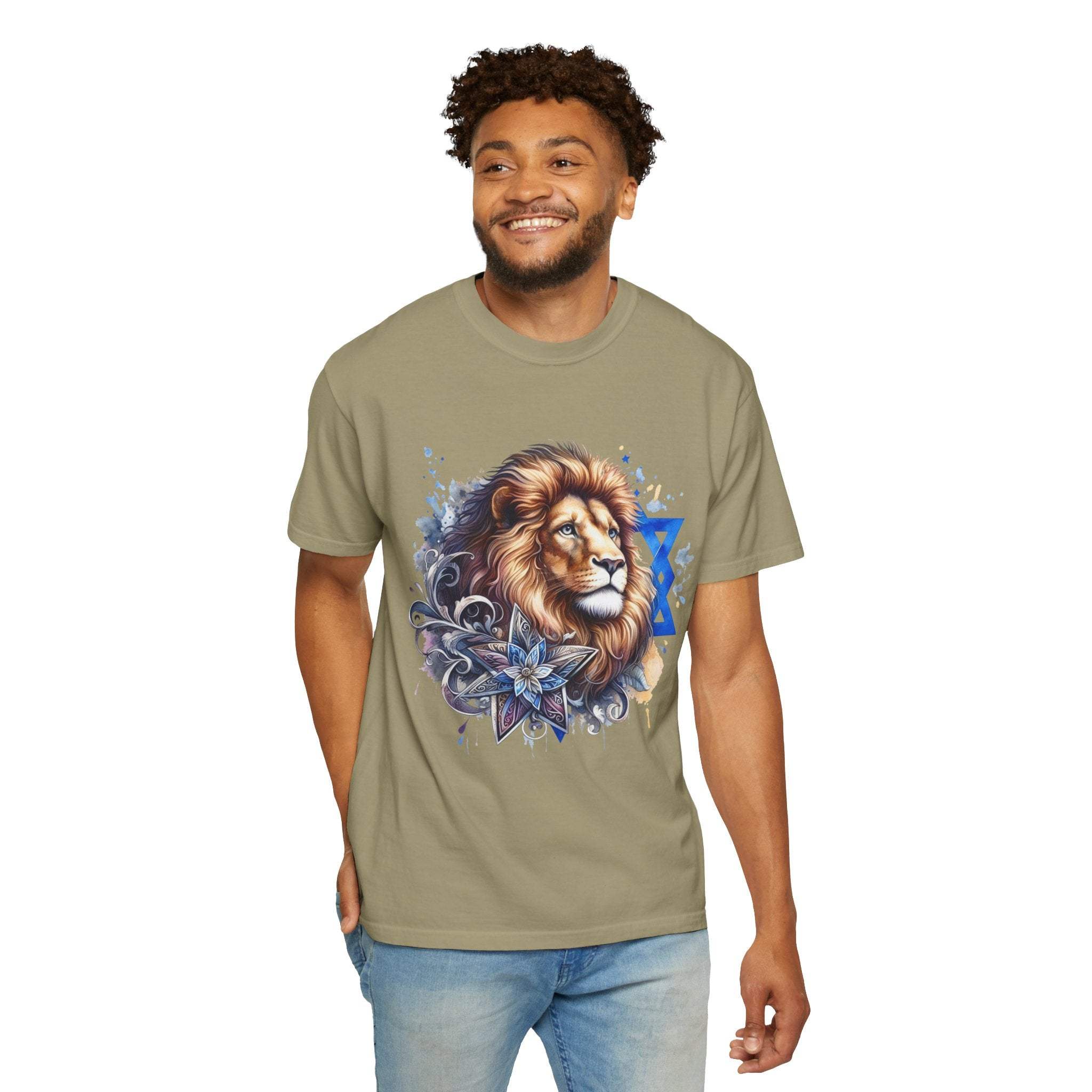 Lion of Judah T-Shirt with bold graphic symbolizing Jewish pride and resilience on garment-dyed cotton tee