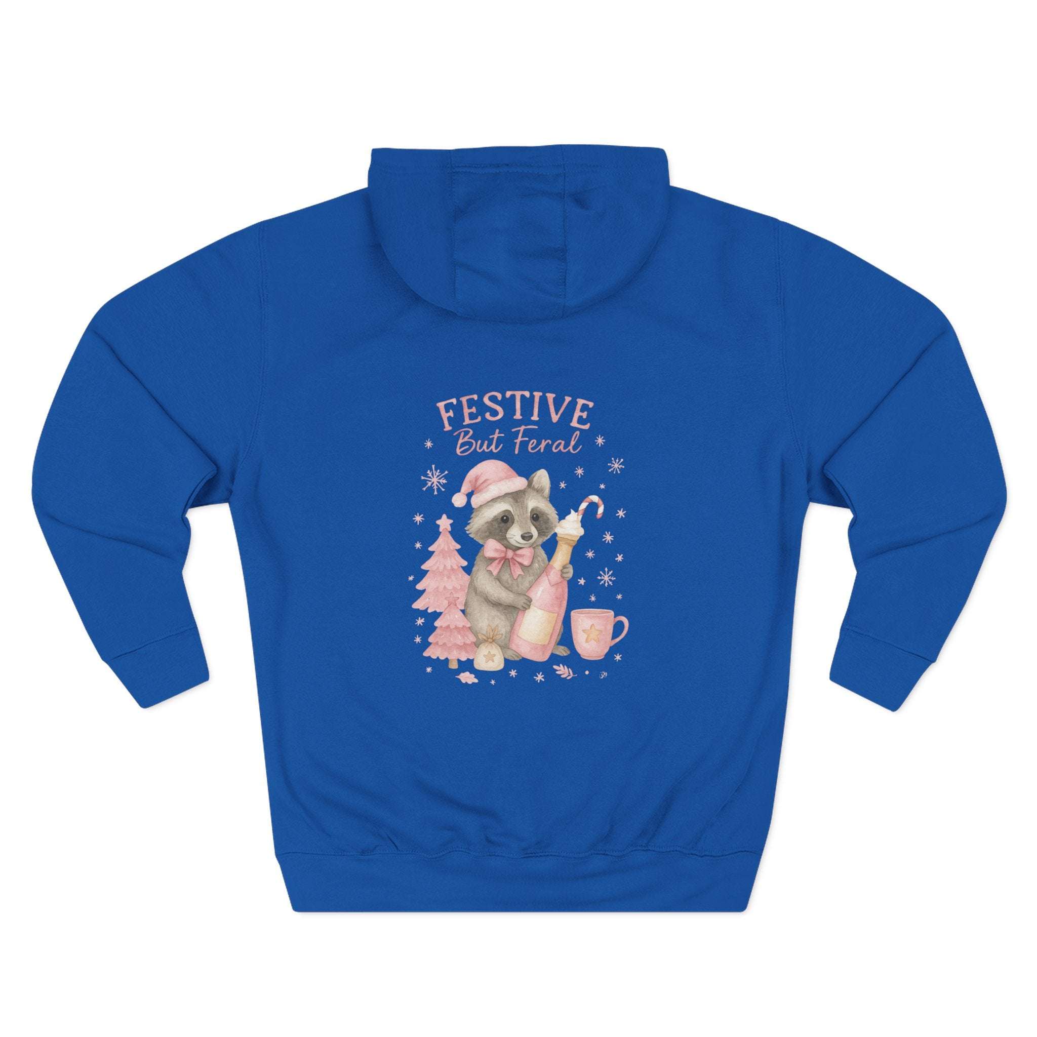 Blue fleece hoodie with festive feral raccoon design and adjustable hood.