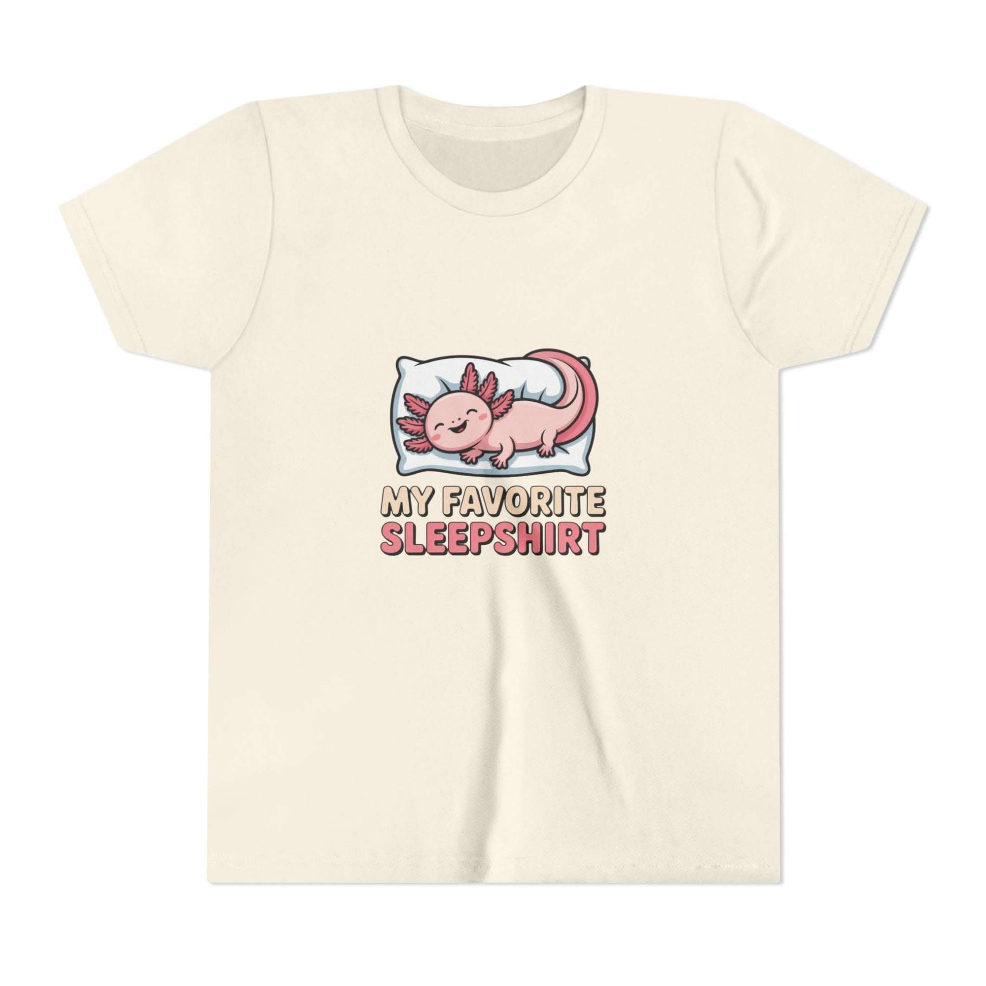 Kids soft cotton sleepshirt axolotl youth tee with cute sleeping axolotl graphic and text My Favorite Sleepshirt