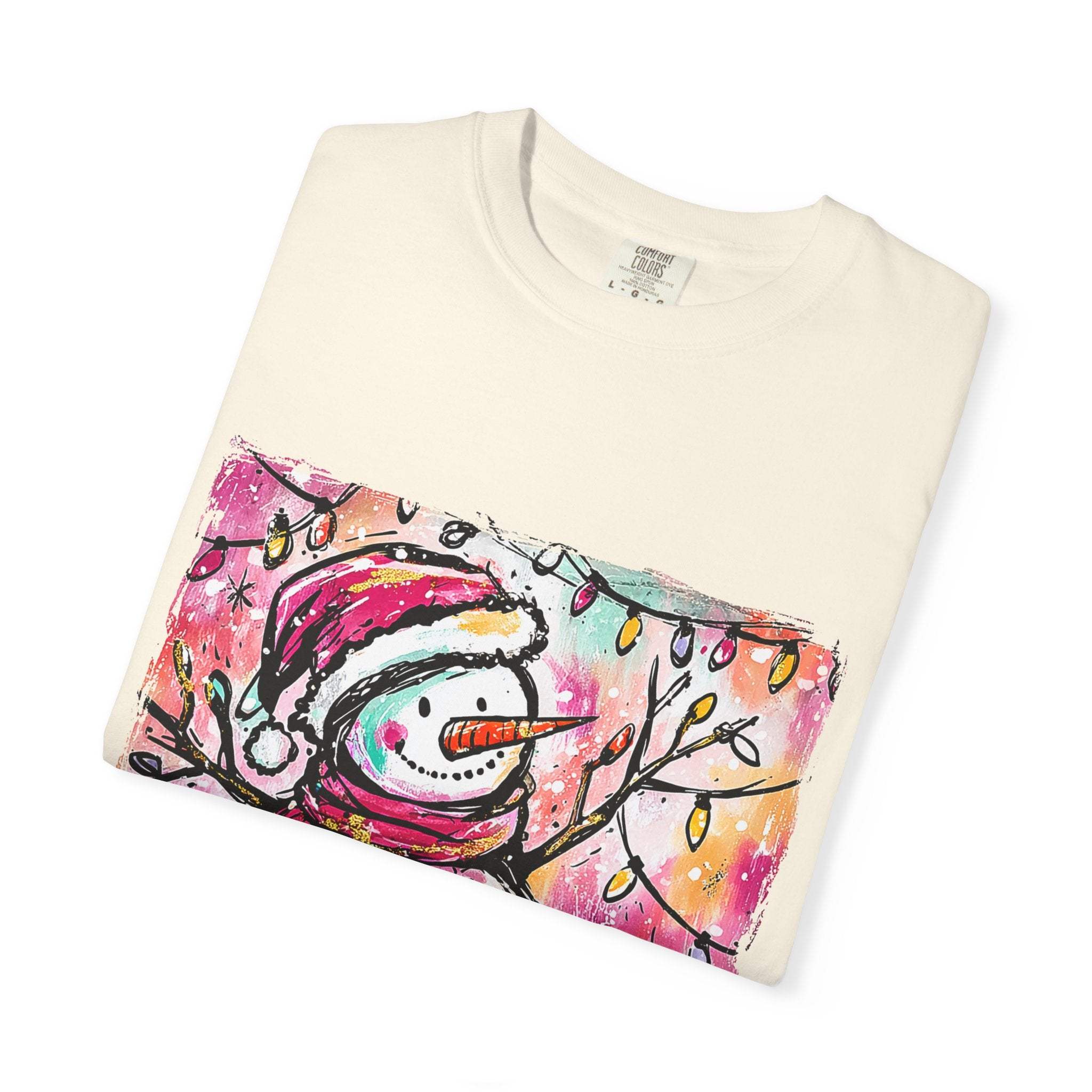 White unisex t-shirt featuring colorful disco ball snowman design, perfect for Christmas and dance parties by Printify