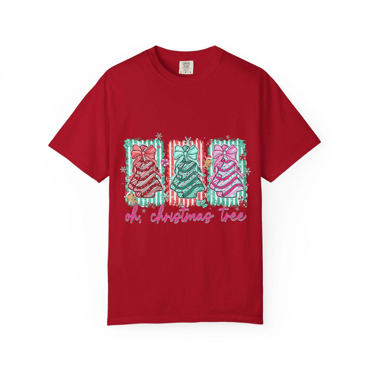 Red festive Oh Christmas Tree T-shirt with colorful decorated tree designs and holiday text