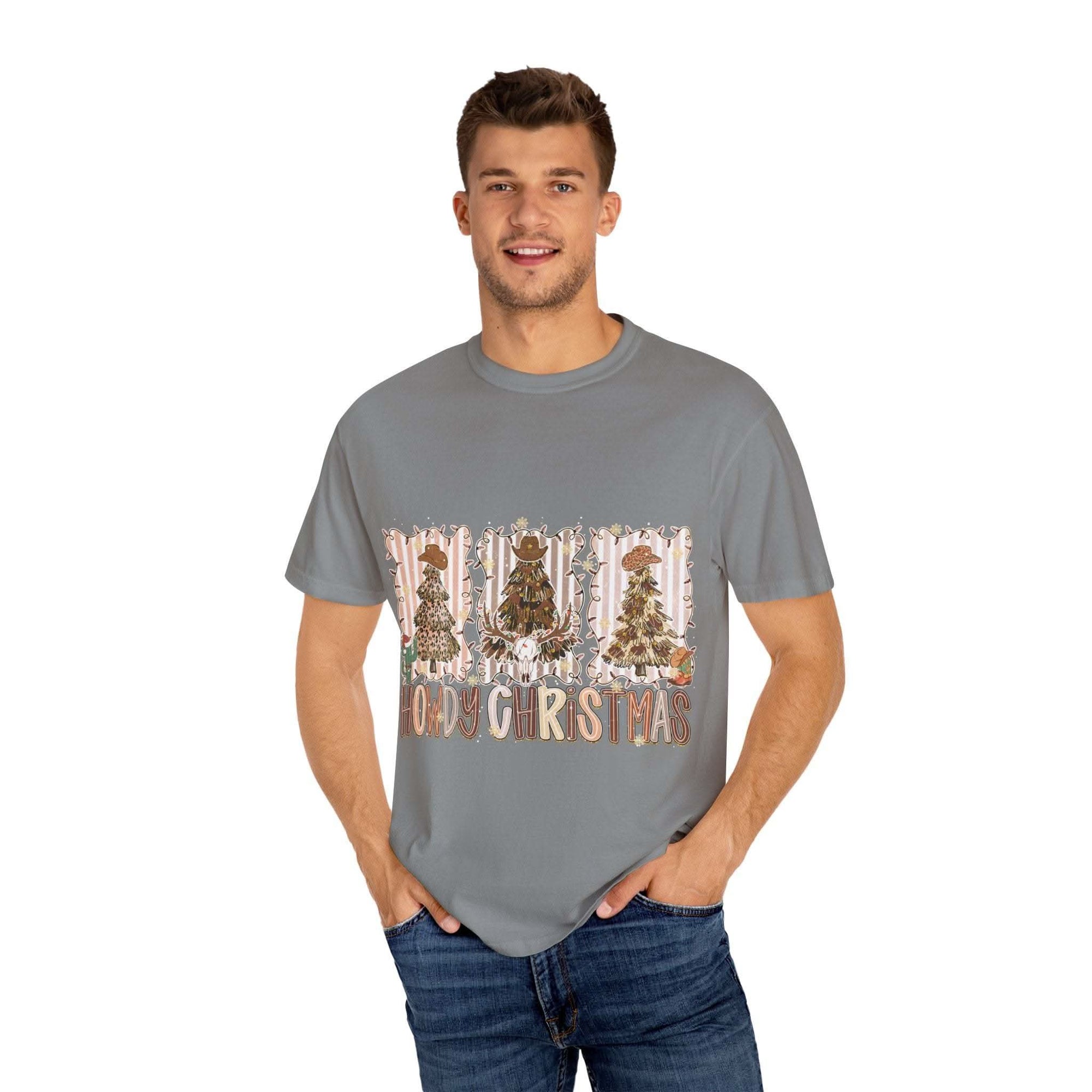 Cowboy Howdy Christmas t-shirt with festive cowboy tree design in gray, made of 100% cotton, durable and soft, perfect holiday country style shirt.