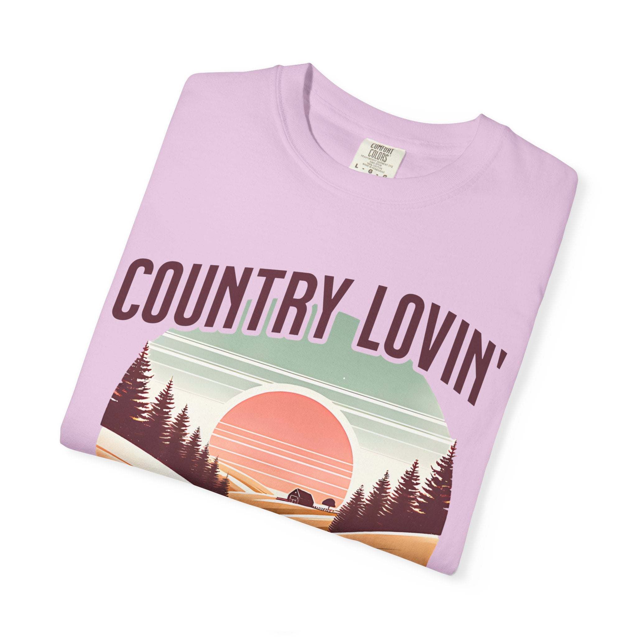 Country Lovin Girl T-shirt with vintage sunset and forest design in soft purple cotton