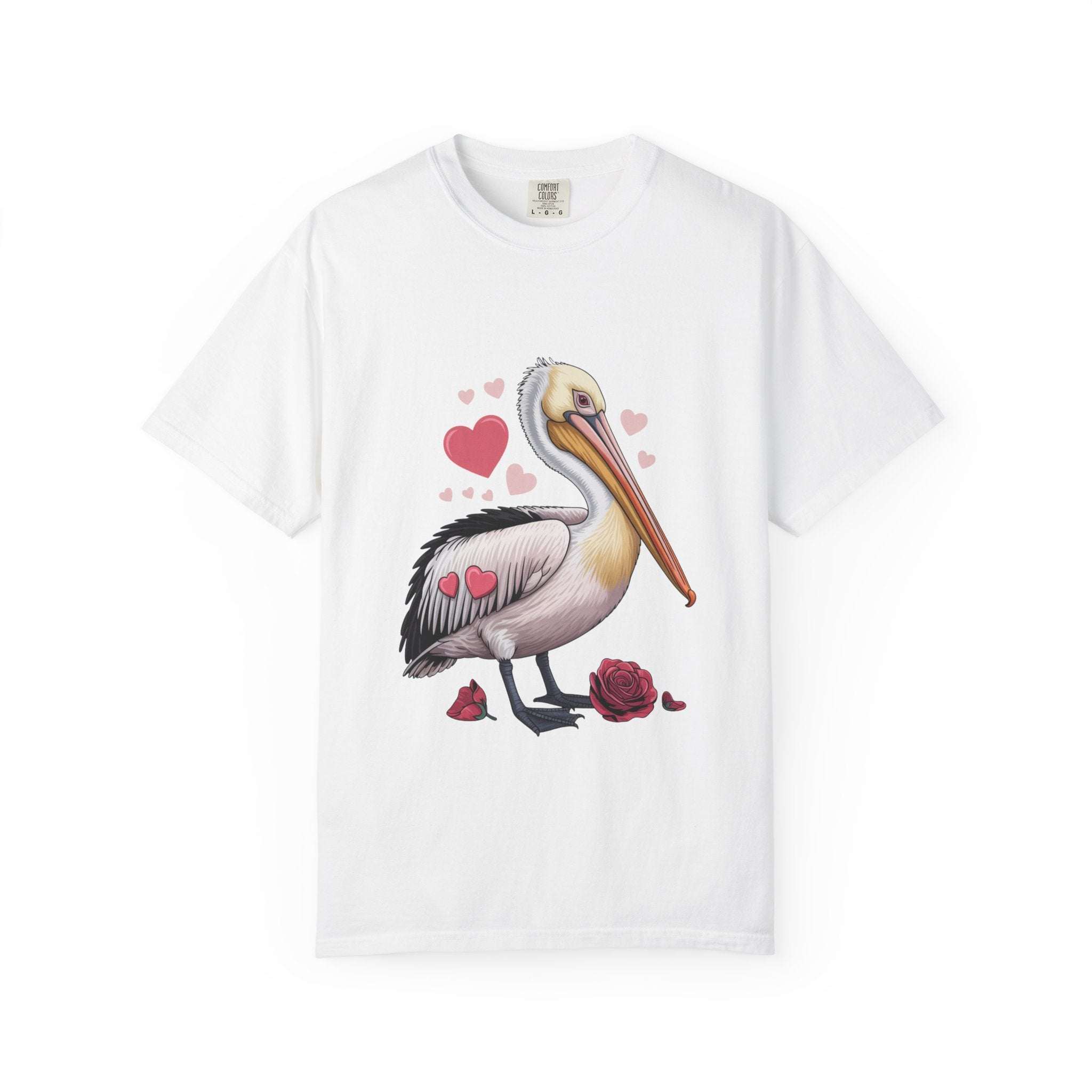 Valentine Pelican Hearts T-Shirt featuring pelican with heart on sunlit shoreline, soft garment-dyed cotton, relaxed vintage-inspired fit