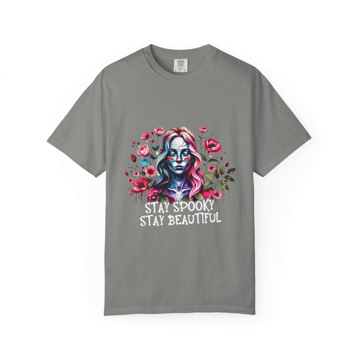 Gray soft everyday tee with elegant floral skeleton print and "Stay Spooky Stay Beautiful" text, unisex fit floral skeleton t-shirt.