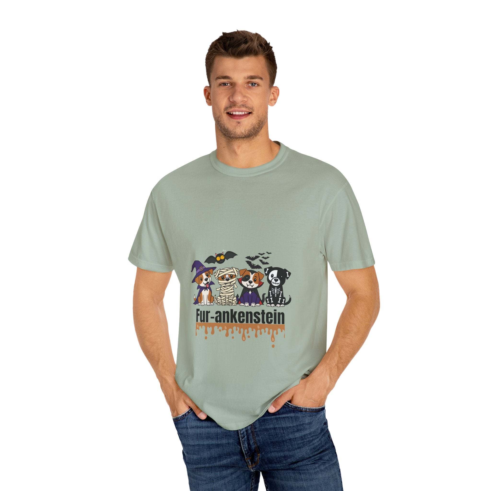 Man wearing Puppies Halloween T-shirt with puppies in costumes on soft garment-dyed cotton fabric