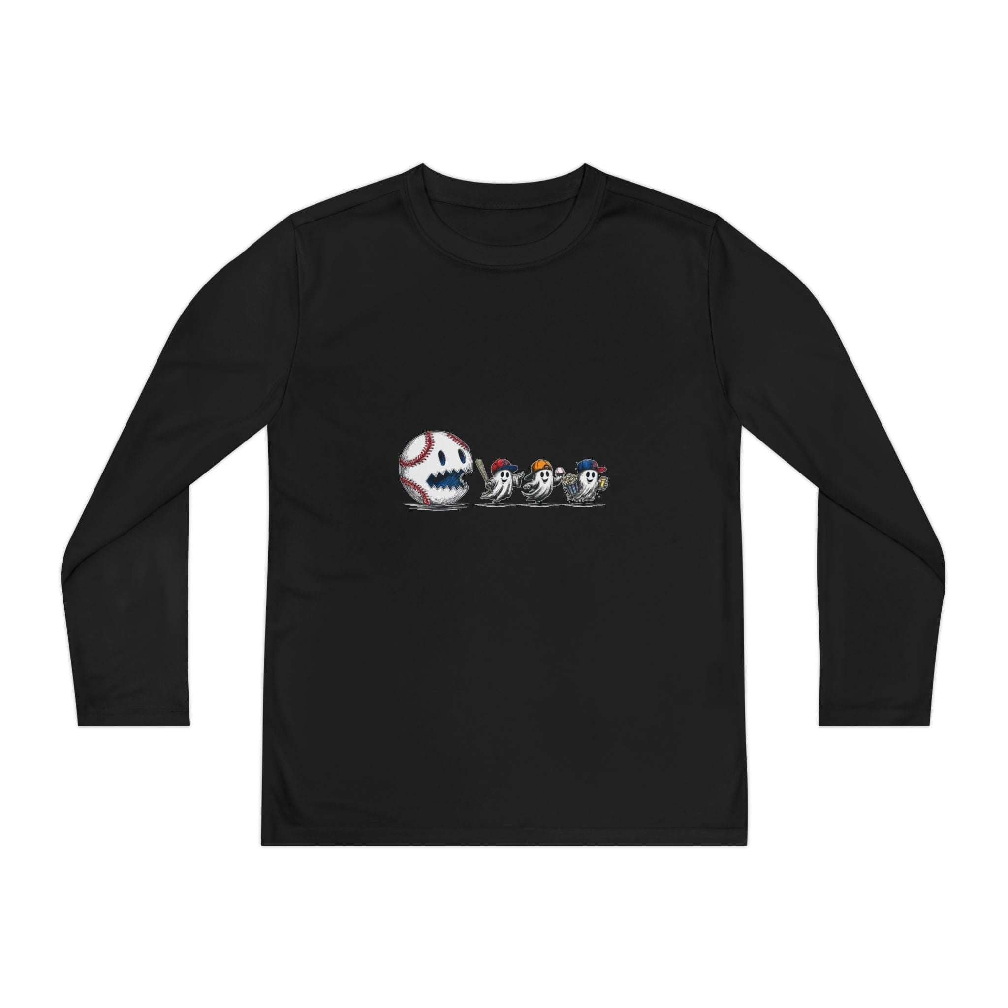 Atomic Blue long-sleeve tee featuring spooky baseball ghosts, perfect for Halloween, by Printify