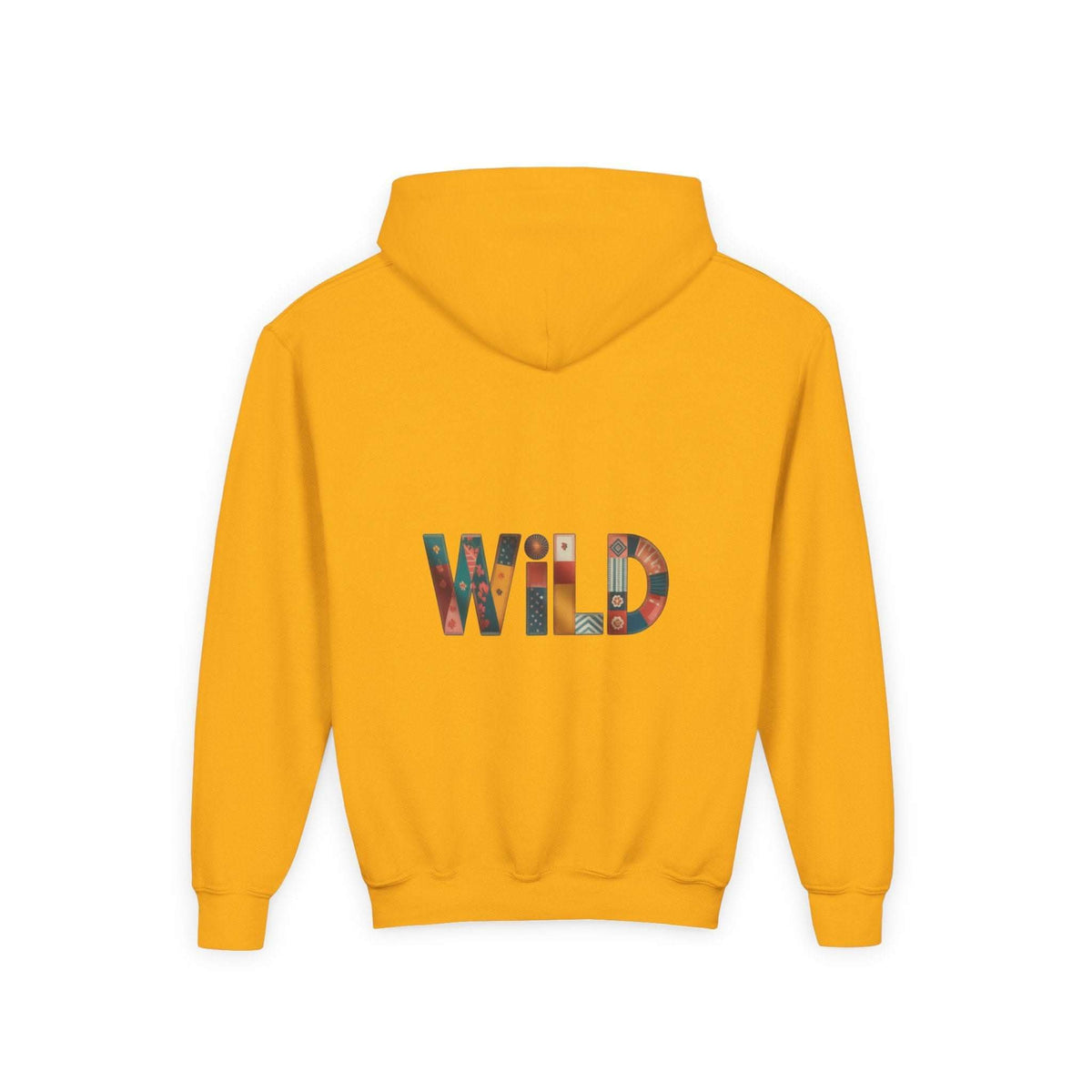 Yellow Patchwork Wild Word Hoodie with colorful "WILD" text and kangaroo pocket for kids