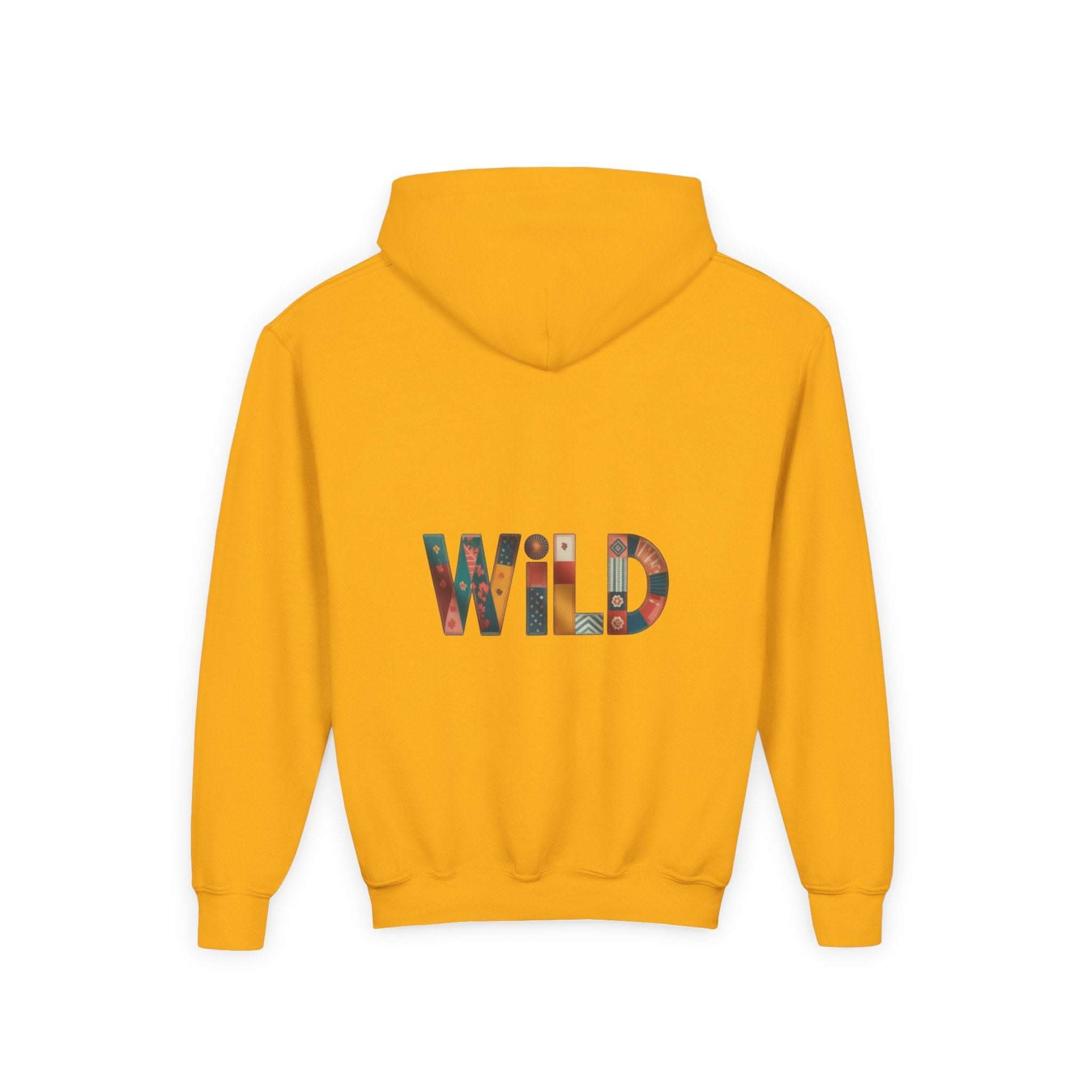 Yellow Patchwork Wild Word Hoodie with colorful "WILD" text and kangaroo pocket for kids