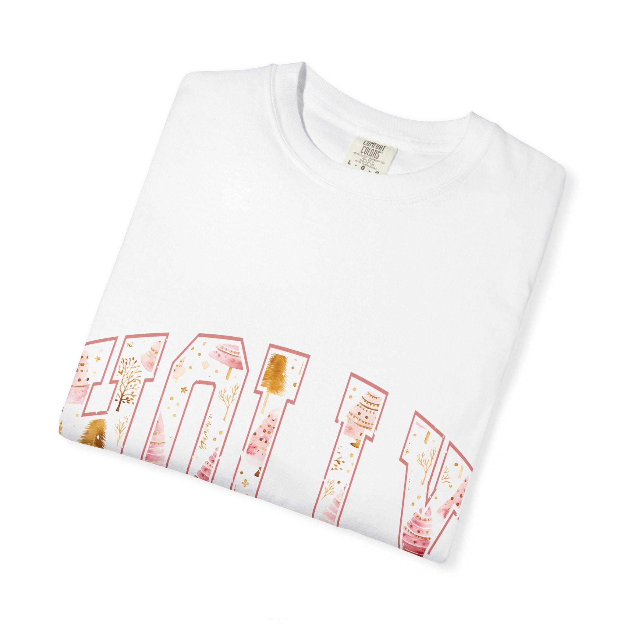 White Varsity Holly Jolly T-shirt featuring festive holiday text design, unisex garment-dyed cotton tee