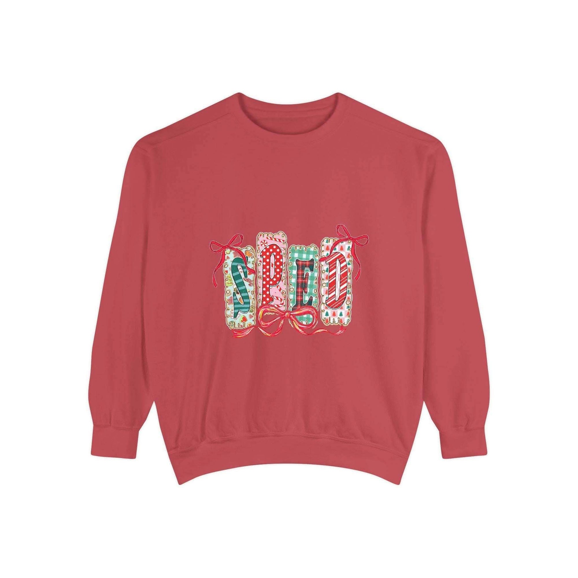 Pepper garment-dyed sweatshirt for preppy SPED teachers, featuring a festive Christmas design by Printify