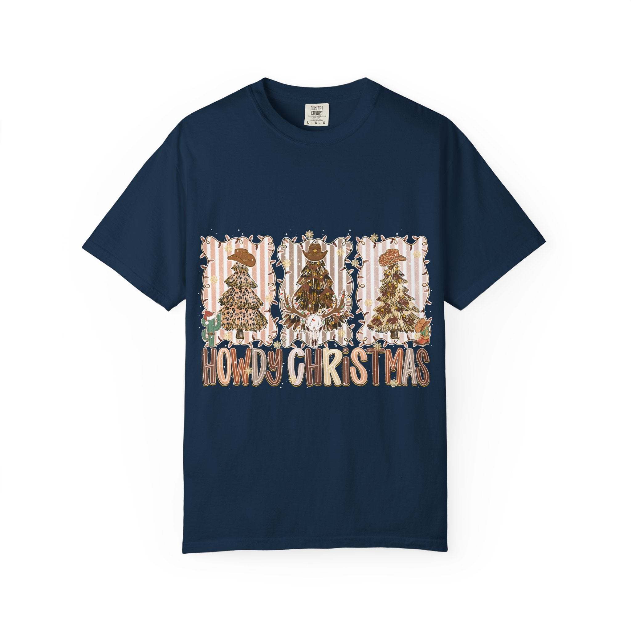 Cowboy Howdy Christmas t-shirt with festive cowboy Christmas tree design on navy blue cotton fabric