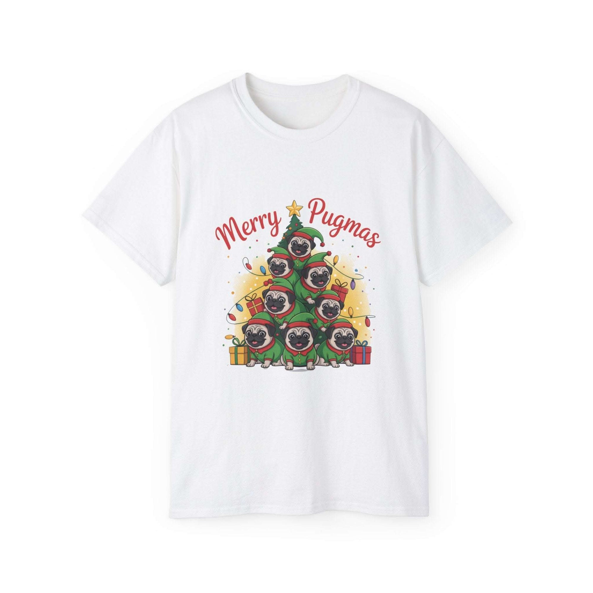 Black Merry Pugmas holiday t-shirt featuring a cute pug design, made from eco-friendly materials by Printify