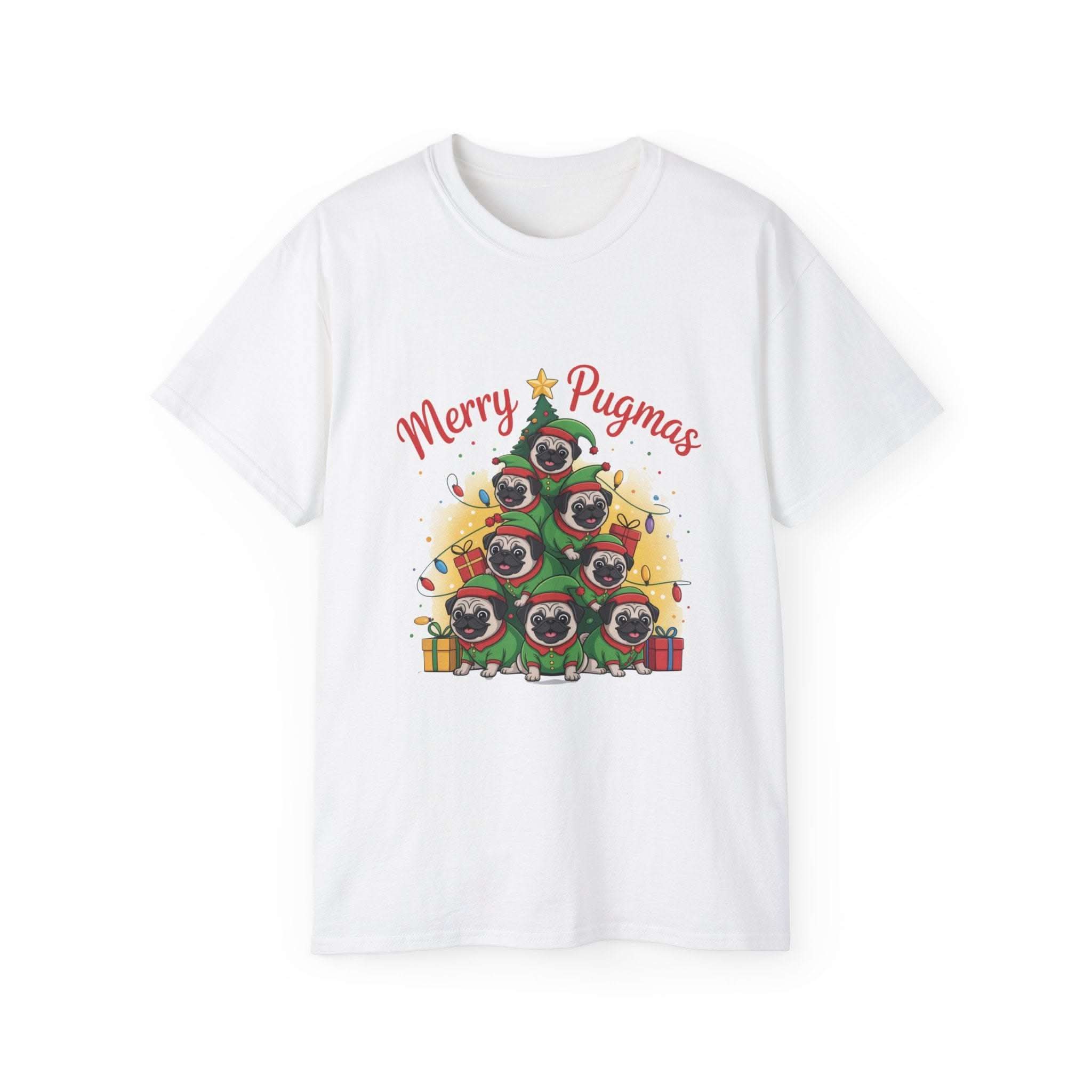 Black Merry Pugmas holiday t-shirt featuring a cute pug design, made from eco-friendly materials by Printify
