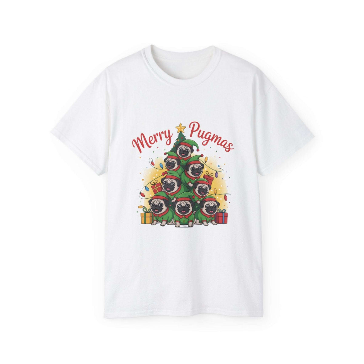Black Merry Pugmas holiday t-shirt featuring a cute pug design, made from eco-friendly materials by Printify