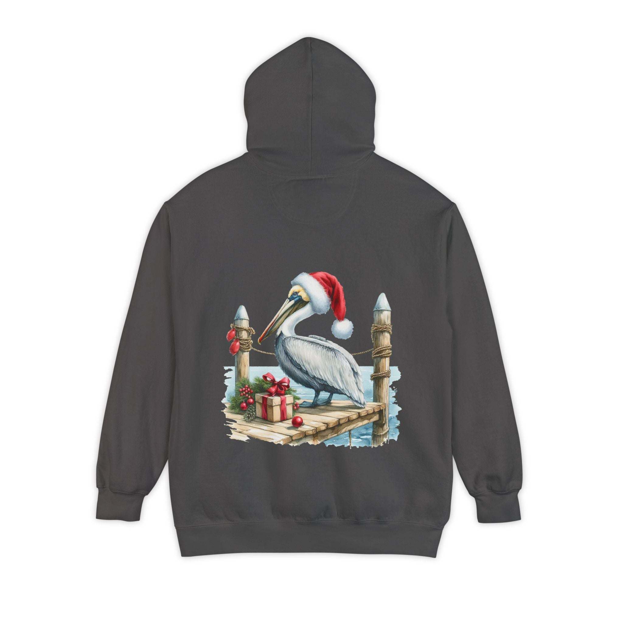 True Navy hoodie featuring a pelican in a Santa hat design by Printify