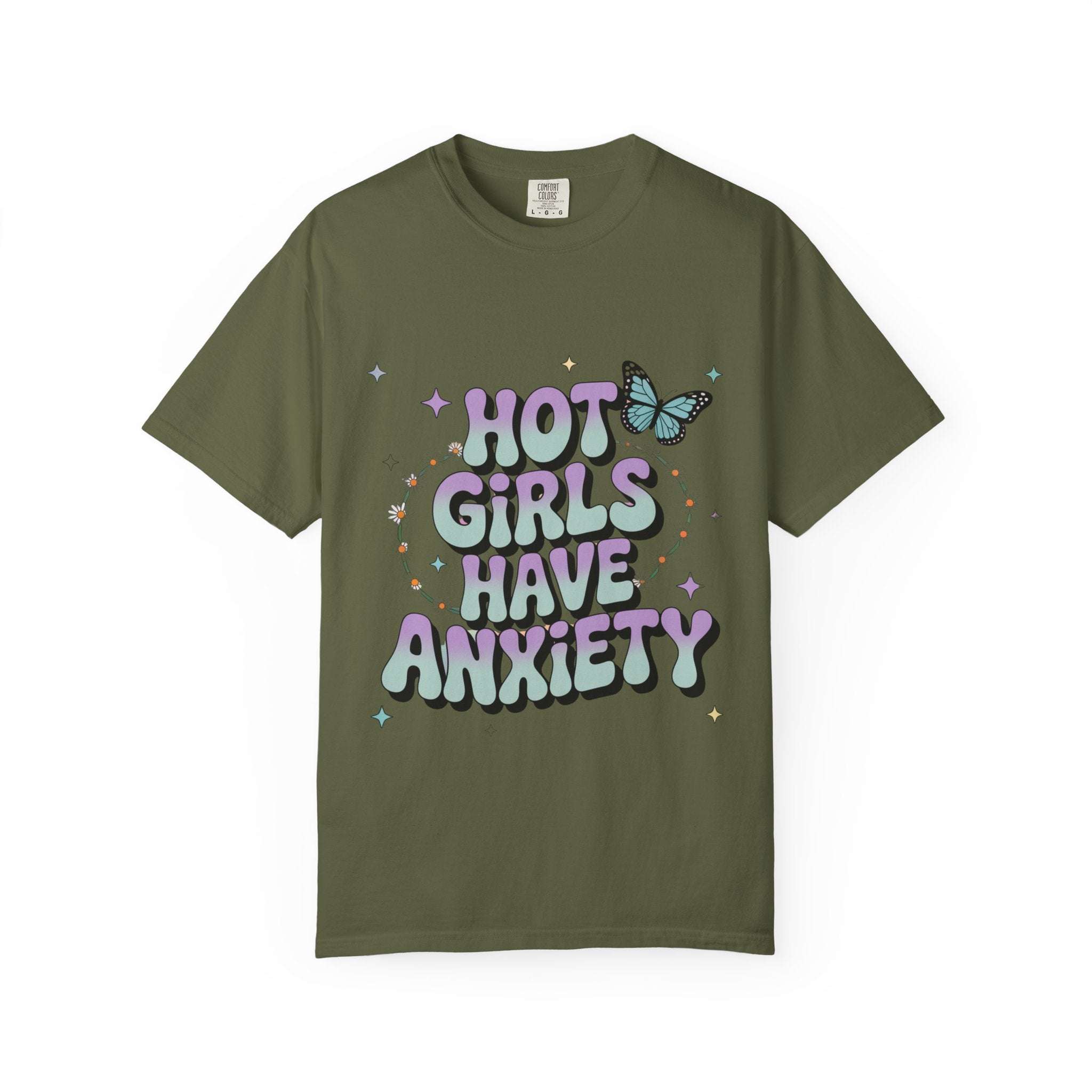 Black unisex t-shirt with 'Hot Girls Have Anxiety' graphic, casual fit, by Printify