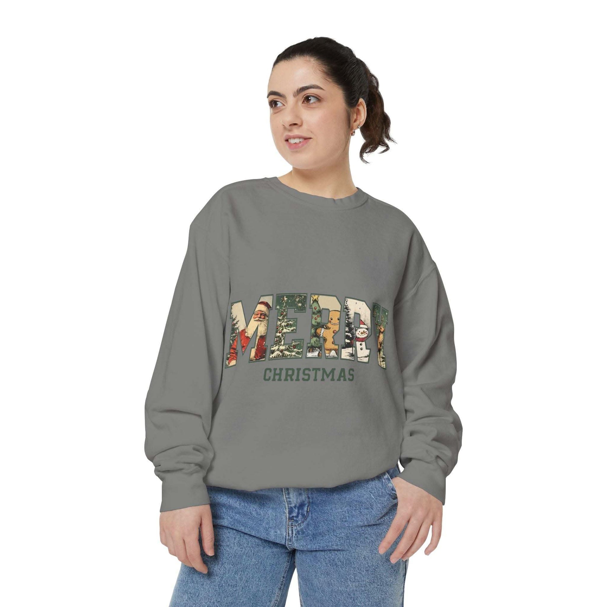 White vintage varsity sweatshirt with 'Merry Christmas' print, available in sizes S, M, and L by Printify