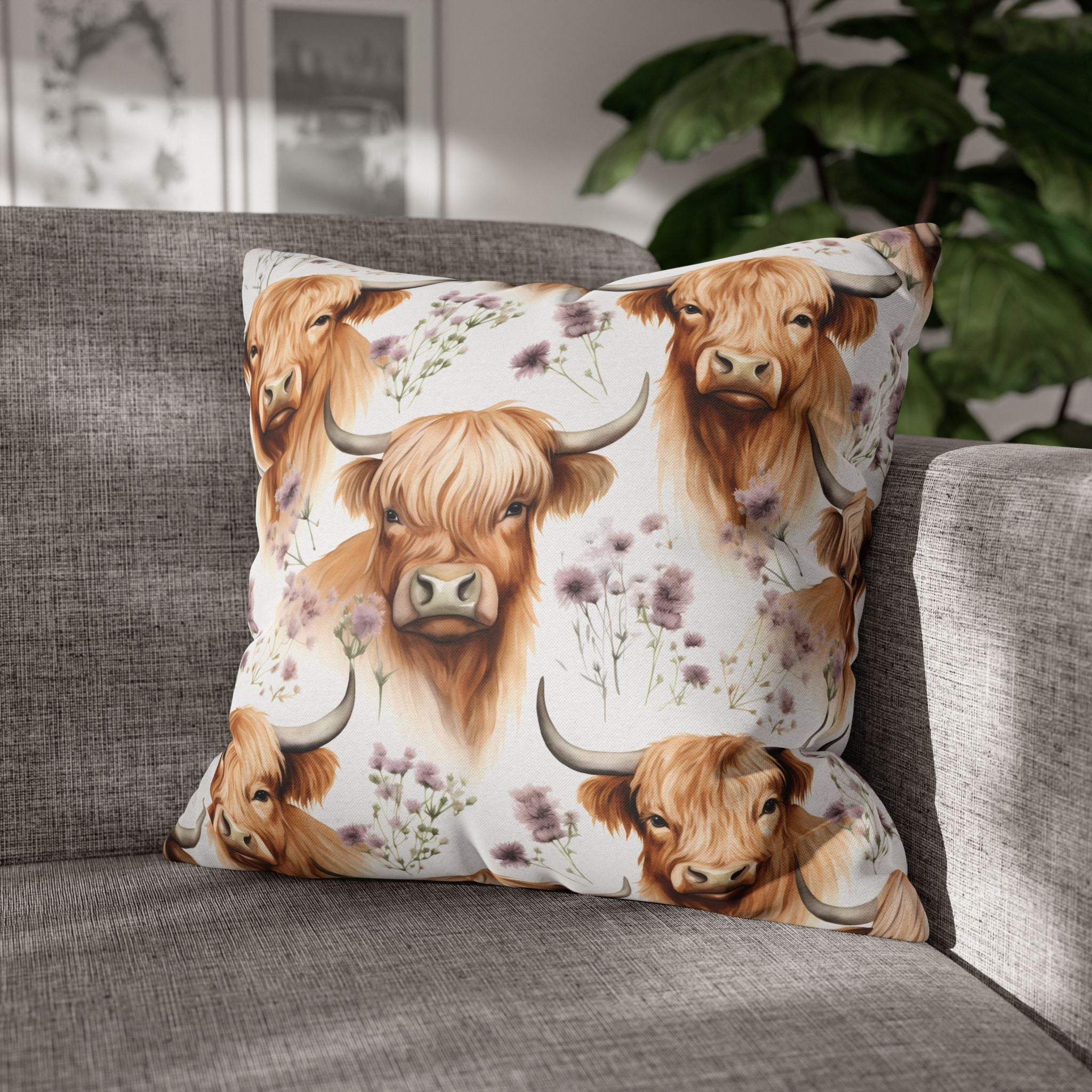 Floral Highland Cow square pillowcase with delicate blooms and long-haired cow design