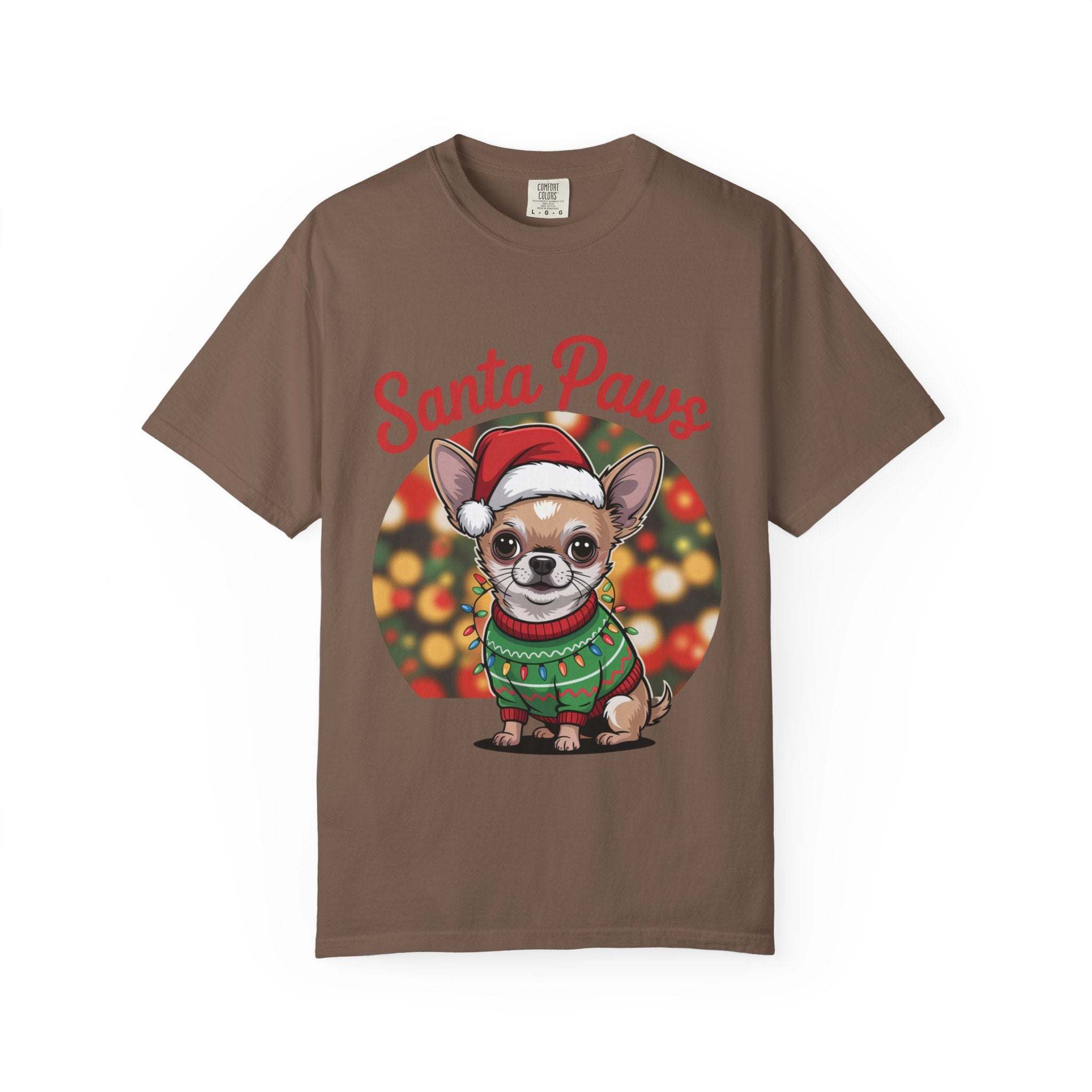 Bay Chihuahua Santa Paws t-shirt for dog lovers, featuring festive design from Printify, available in sizes S, M, L.
