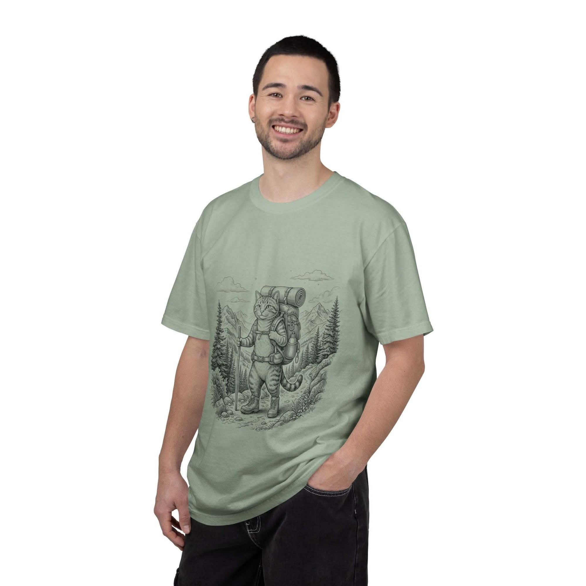 Cat hiker illustration on vintage garment-dyed heavyweight tee with mountain camping scene