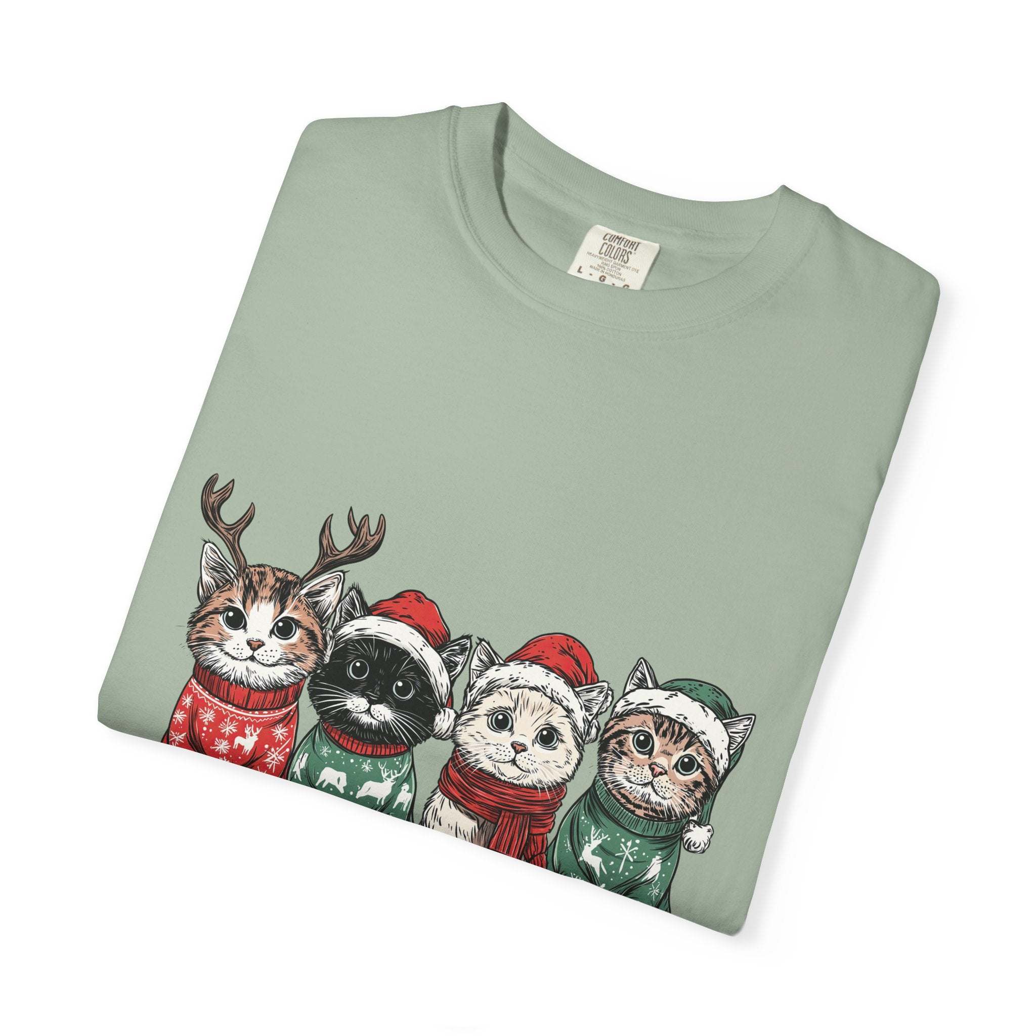 Bay Cat Lover T-shirt with Meowy Christmas design from Printify, perfect festive gift for cat enthusiasts.
