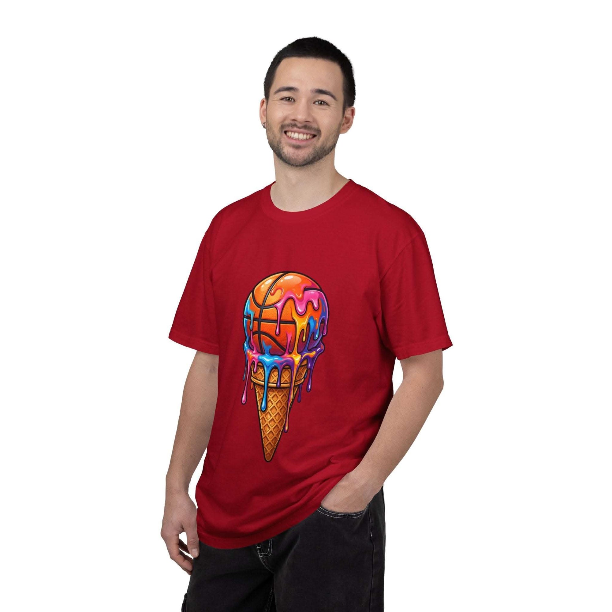 Colorful dripping ice cream cone graphic on relaxed-fit neon melting dessert t-shirt