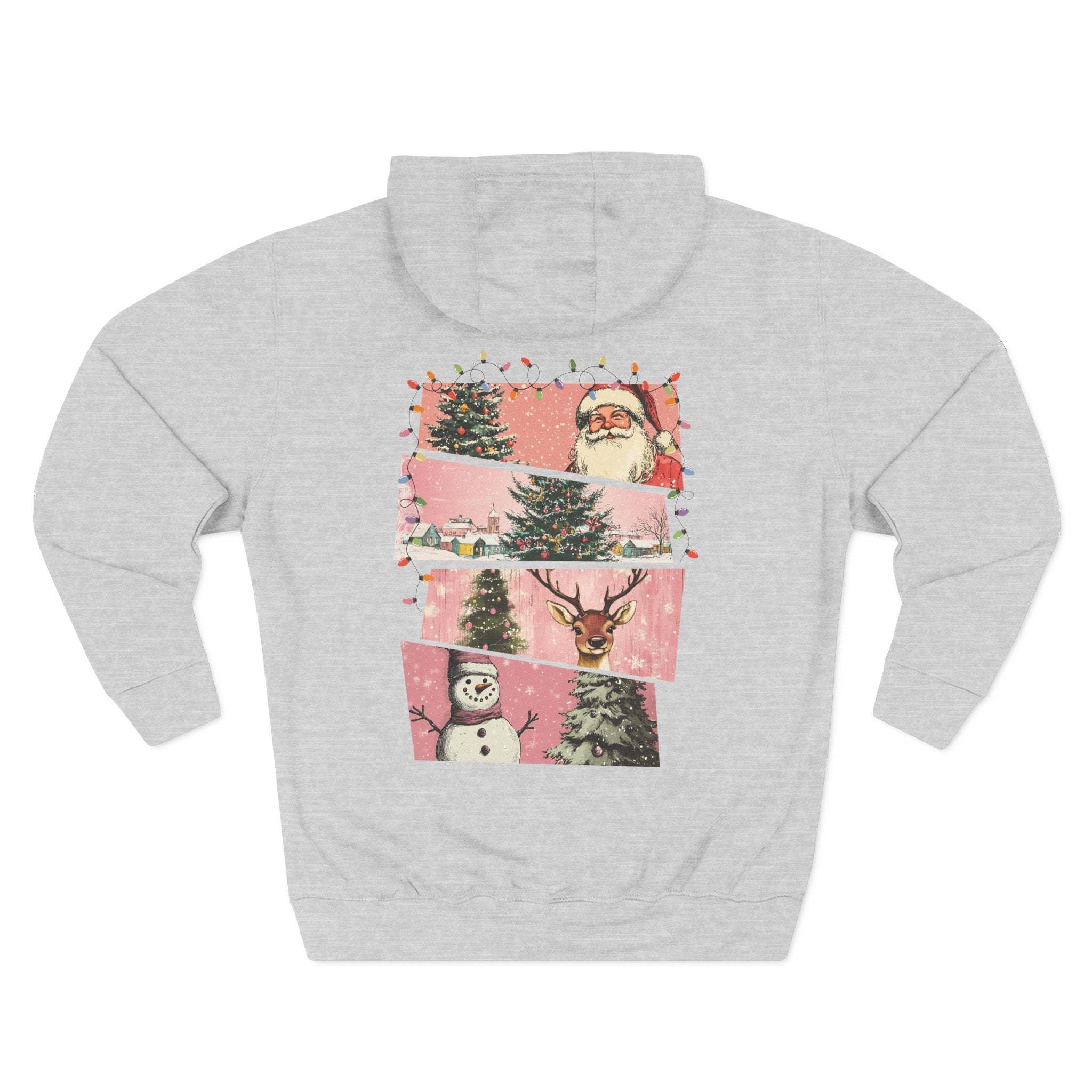 Gray fleece hoodie with pink watercolor Christmas design featuring Santa, trees, snowman, and reindeer