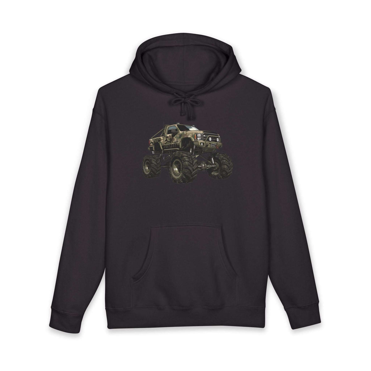 American Flag Monster Truck hoodie with camouflage truck graphic and distressed flag background