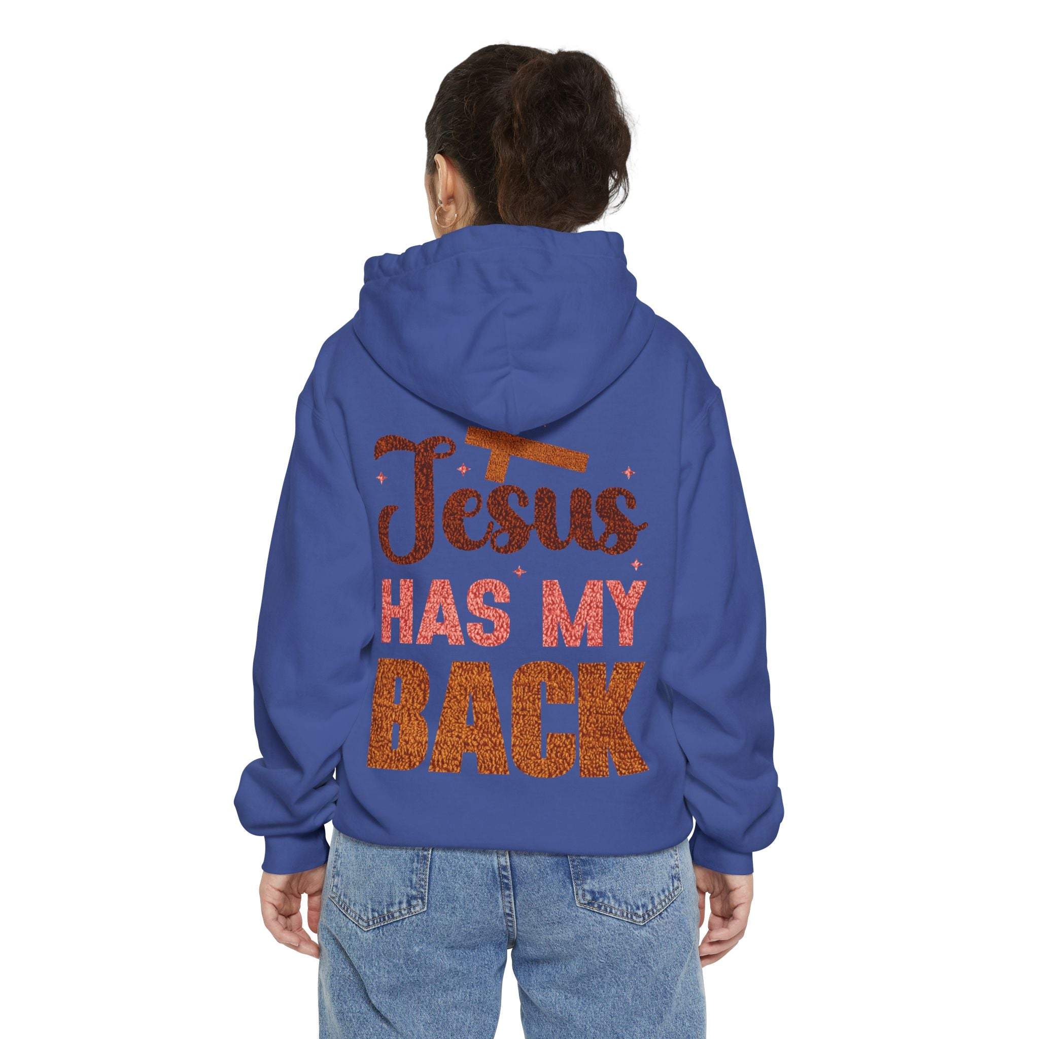 Jesus Has My Back Hoodie faith-based pullover with uplifting shoulder text and comfortable fit