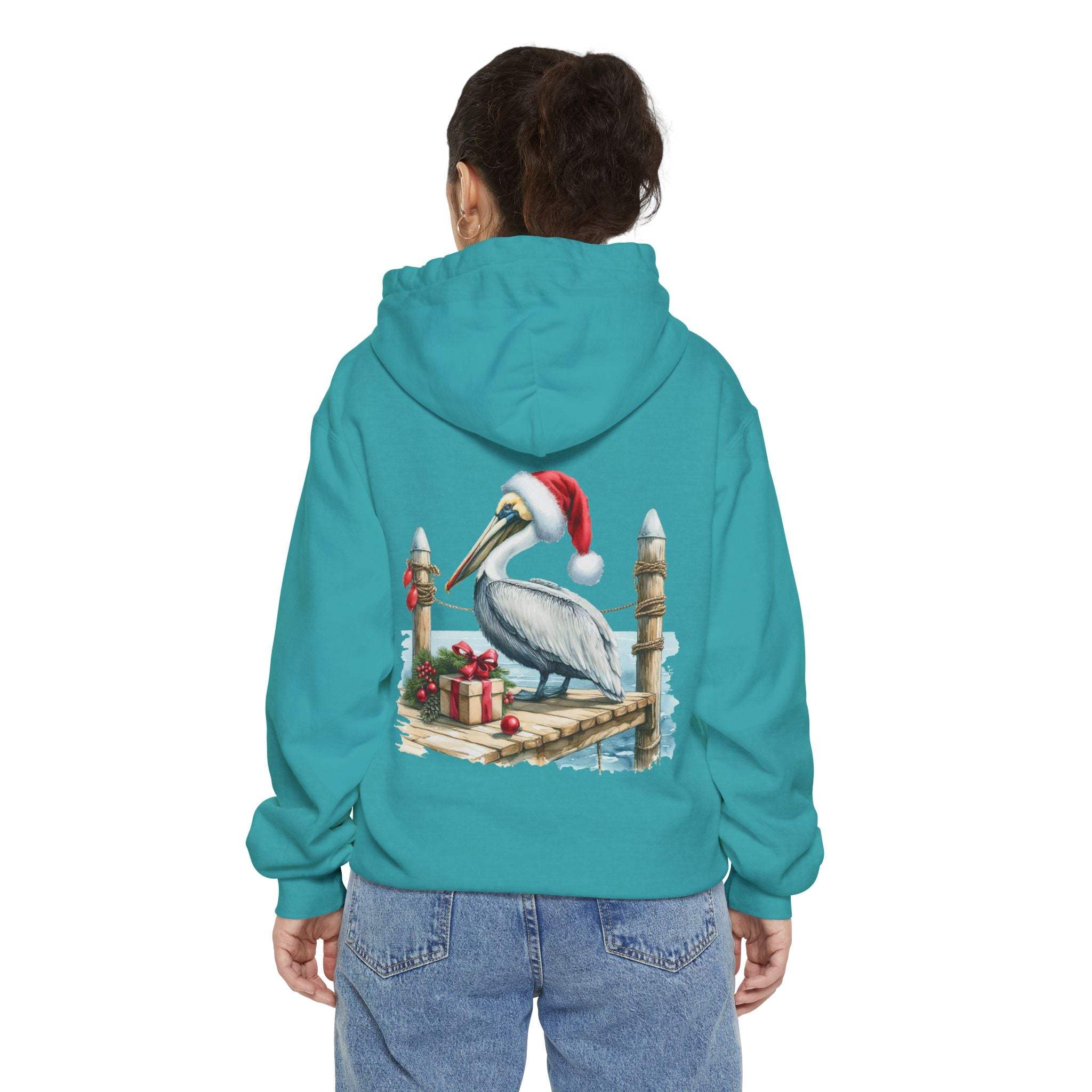 True Navy hoodie featuring a pelican in a Santa hat design by Printify